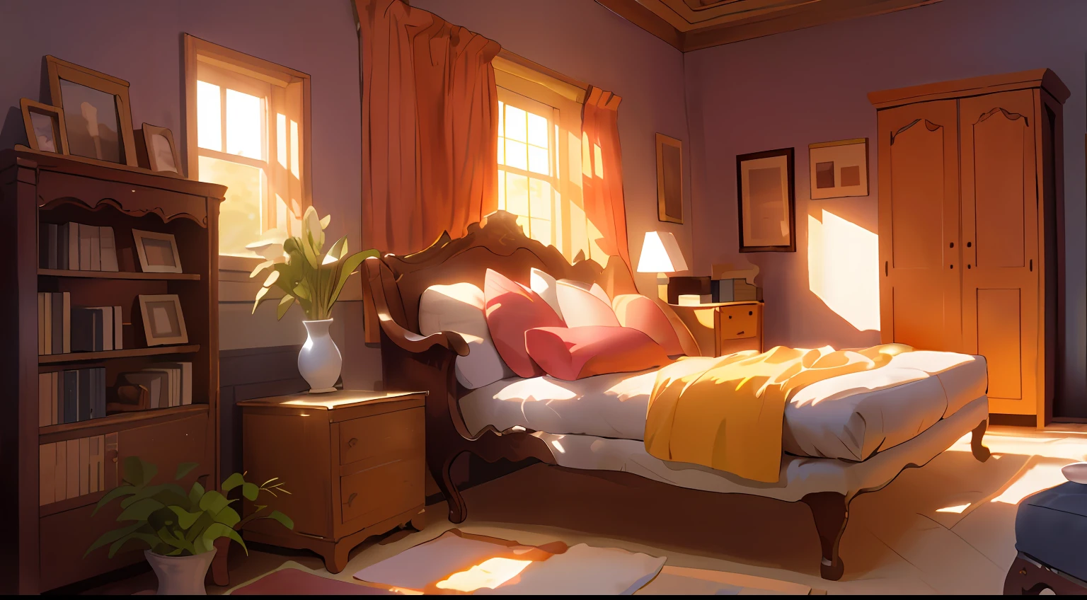 There is a bed with a wooden headboard and yellow blankets, by senior environment artist, a sunny bedroom, Realistic afternoon lighting, bedroom in studio ghibli, lighting study, Soft morning lighting, cozy room, realistic soft lighting, afternoon lighting, Relaxing concept art, sunlight study, perfect crisp sunlight, highly detailed soft lighting, light study, dramatic warm morning light, Bright room
