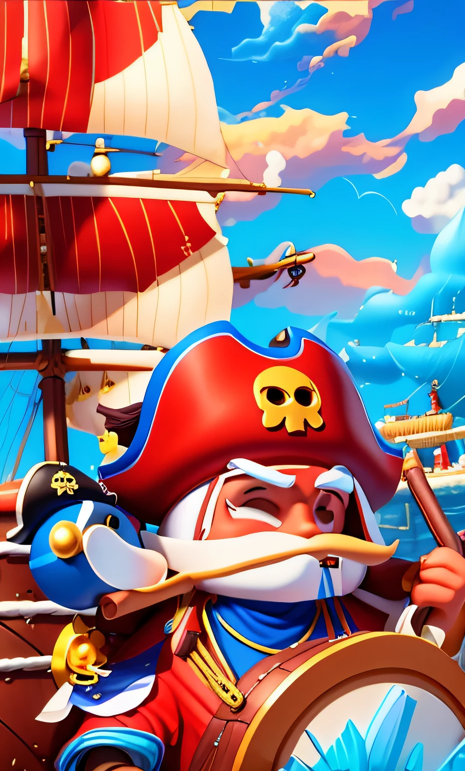 Pirates drive pirate ships,pirate ships,a pirate,steering wheel,Black hat,brown hair,Red clothes,with blue sky and white clouds,having fun,Sail,oar
