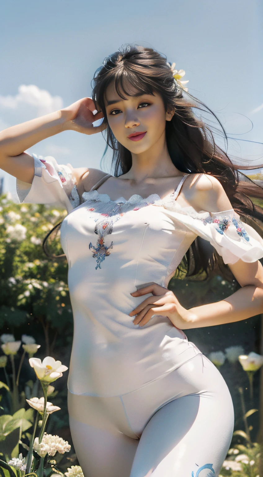 (hyperrealistic), (illustration), (high resolution), (8K), (extremely detailed), (best illustration), (beautiful detailed eyes), (best quality), (super detailed), (masterpiece), (wallpaper), (detailed face), solo, (dynamic pose), 1girl, white off-the-shoulder shirt with sexy super short yoga pants, bare shoulders, blooming flower field, glowing skin, light smile, camel toe, (no panties), (no bra)