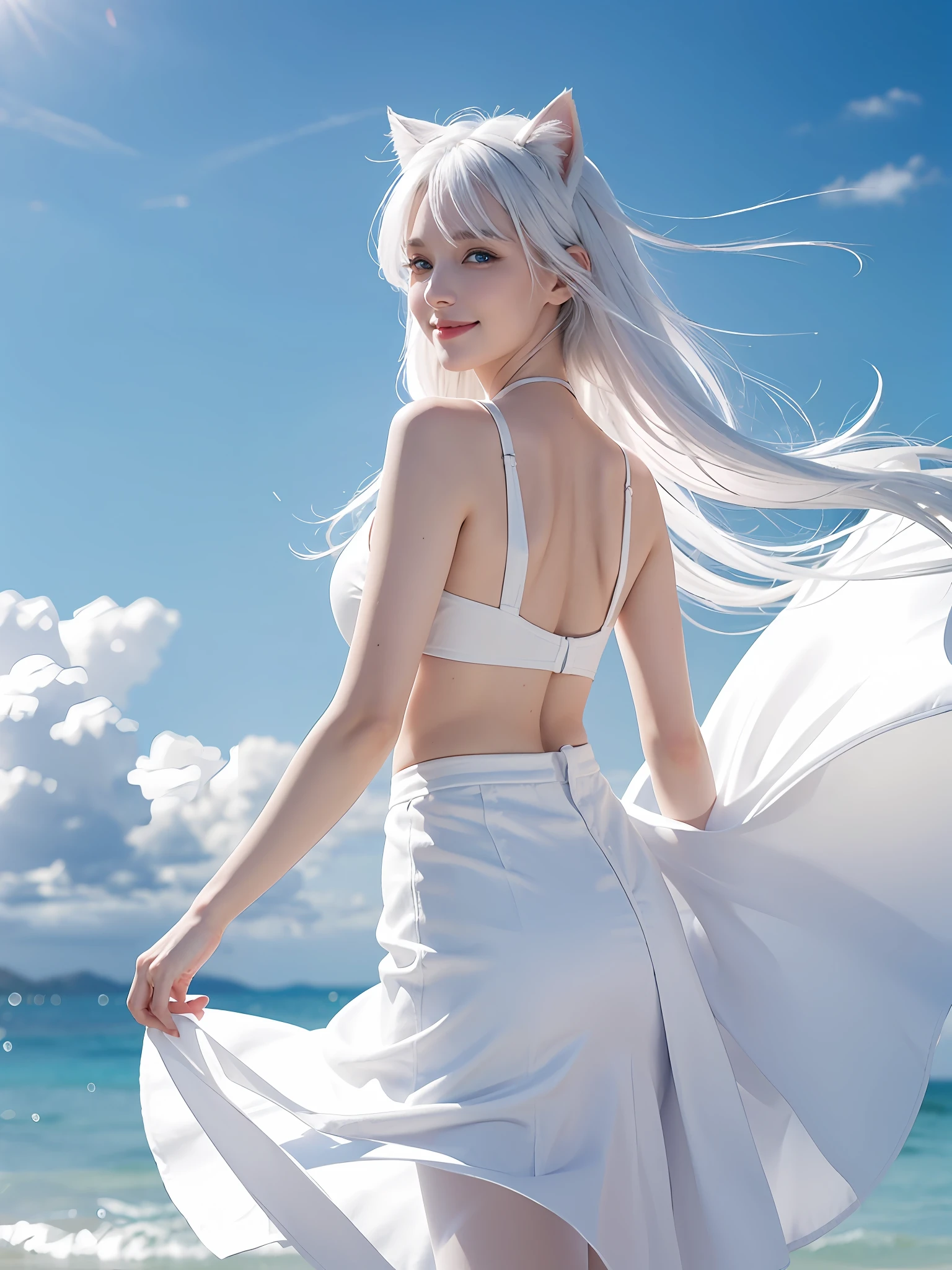 White hair, cat ears, blue eyes cute posture, white slip skirt breeze blowing, high definition, background blue sky and white clouds, posture looking back and smiling