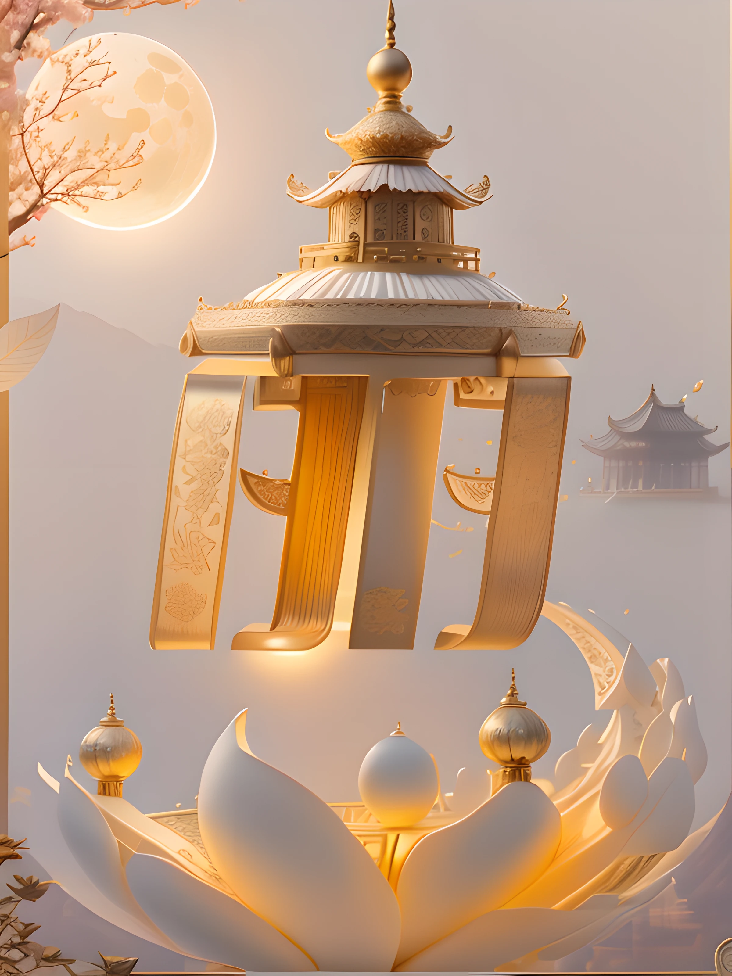 American character at the top of the background,simple backgound(Santan Seal Moon，Leifeng Tower,West lake，lotuses),ultra - detailed，high qulity，filmposter, Ray traching，Beautiful Chinese style，Golden curves