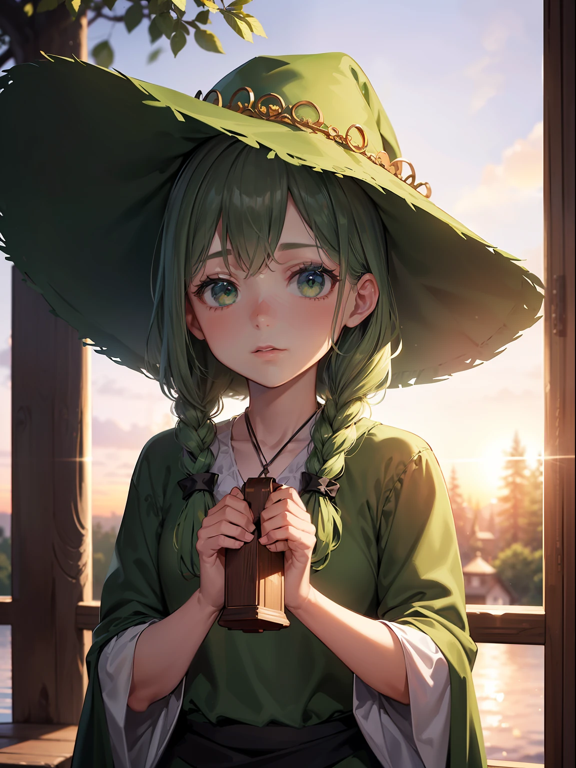 (Cute girl in braids wearing green witch hat), (Cute girl about 10 years old), Play the lute, Simple Green Witch Hat,(masutepiece), (very intricate:1.3), (Realistic), portrait of girl, the most beautiful in the world, (Green Witch Robe) , Upper body, forest, Intense sunlight, Professional photo details of stunning girls, Sharp Focus, Dramatic, awardwinning, Cinematic lighting, , Volumetrics DTX, (Film grain, Blurry background, blurred foreground, Bokeh, depth of fields, Sunset, Motion Blur:1.3),Realism,Oversized shirt,Black eyes