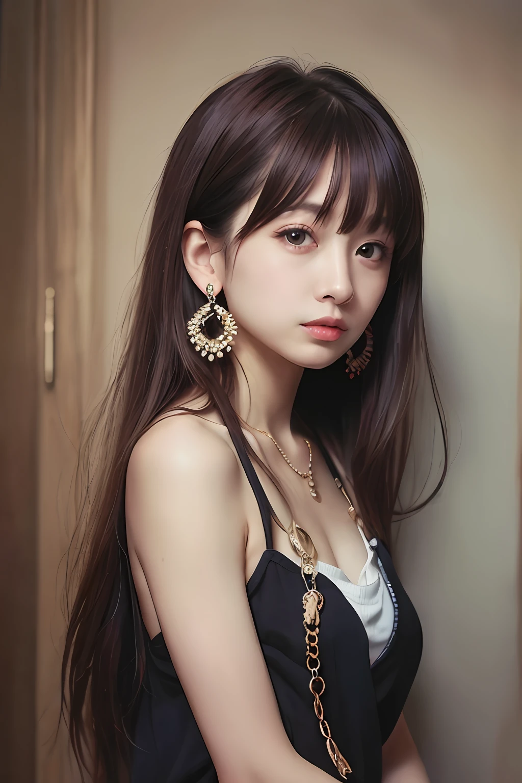 1girl, reba, solo, earrings, jewelry, long_hair, upper_body,