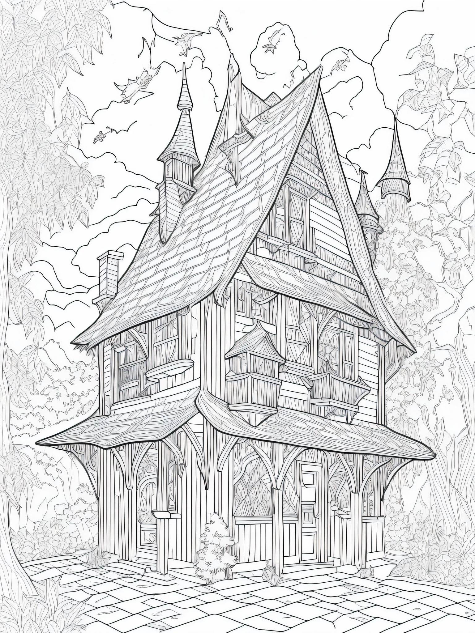 Coloring page for adult, simple line sketch: fantasy world, witch's house