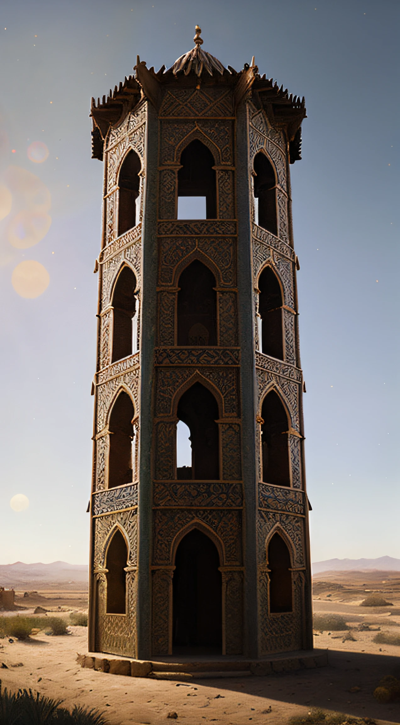 close up depiction of a medieval fantasy north african traditional watchtower, exterior, elaborate, (backlighting), realistic, masterpiece, highest quality, lens flare, shade, bloom, [[chromatic aberration]], by Jeremy Lipking, by Antonio J. Manzanedo, digital painting