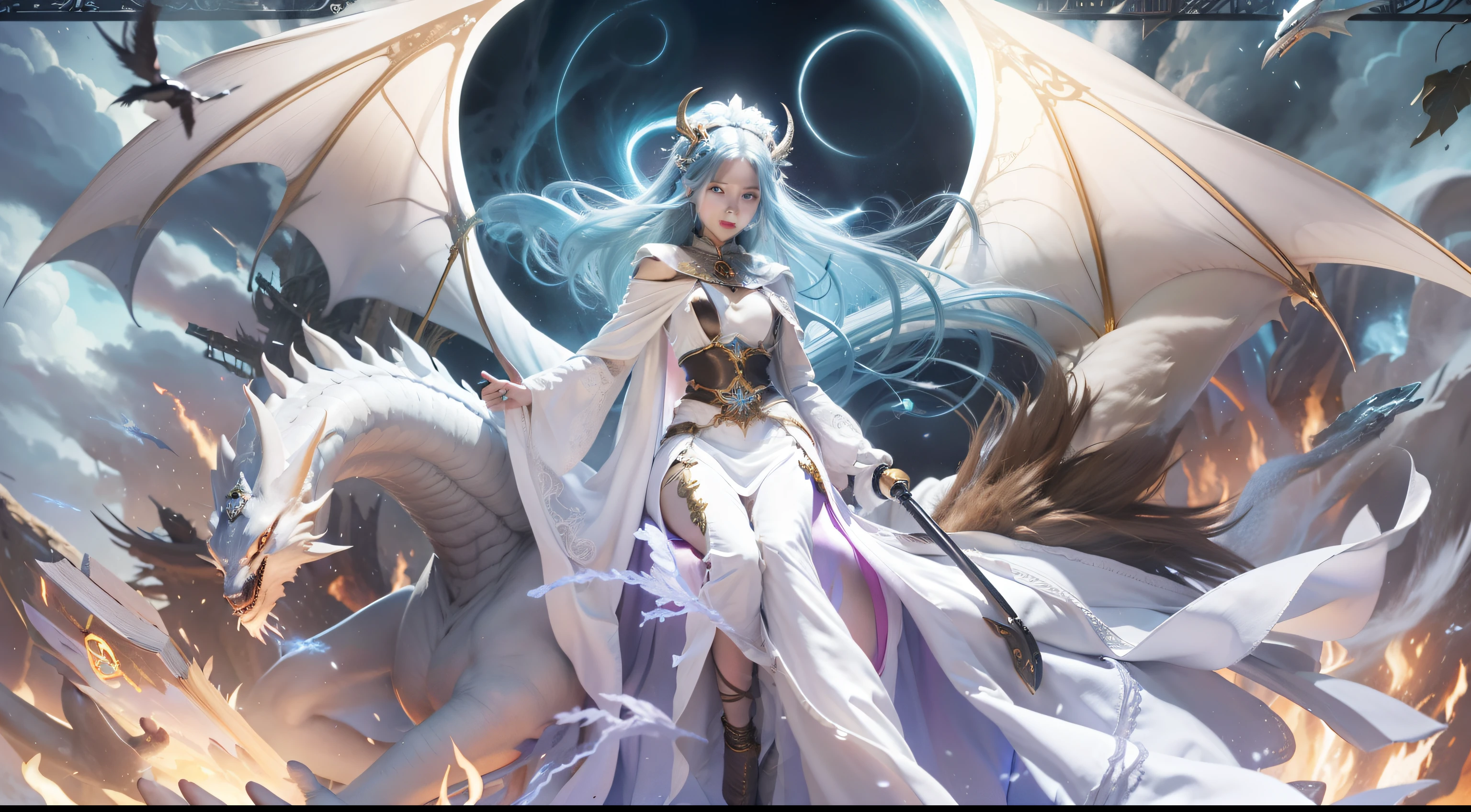 A crystal castle sealed in a magic book,Blood,Night, Dark, (fantasy),unlimited,Deep blue sky,The abyss of knowledge,cowl,((masutepiece)), (((Best quality))),((Beautiful fine eyes)),(eyeslashes)、Beautiful girl riding a huge white dragon with armor、(1 rapariga)、The perfect human structure、Black hair fluttering in the wind、long whitr hair、abyss eyes、glowy skin、oiled、naked、small tits、Wizard robes、Tattered fabric、Realistic coat、Think、Super delicate CG Unity 32k wallpaper、tmasterpiece, ((ultra - detailed)), ((illustratio)),Extremely colorful,the wallpaper,energy,Unknown terror,mind bending,Around the magic,Magical environment,wands,Boken,Flight page,Know it all,Predicting the future、Learn about the past、Infinite wisdom、Blue Flame、Warlock、Magic Circles、pentacle、Spells、mantra、Singing magic