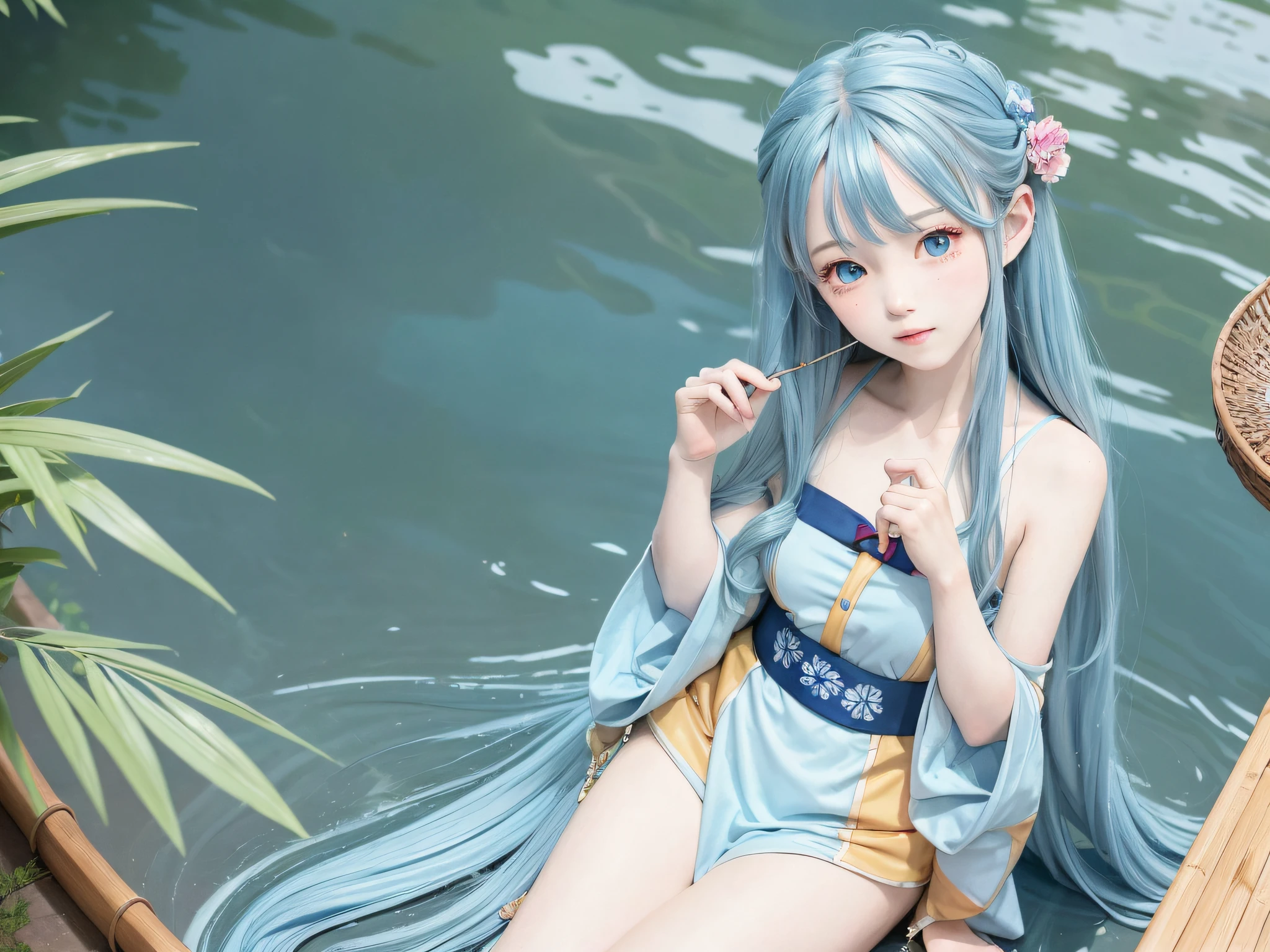 Masterpiece, Best Quality, Official Art, 8k Wallpaper, Very Detailed, Illustration, 1 Girl, Sky Blue Hair, Long Hair, Detailed Eyes, Forrest Gump, Bare Shoulders, Hanfu, Lake, Pure, Soft Smile, bamboo, tea