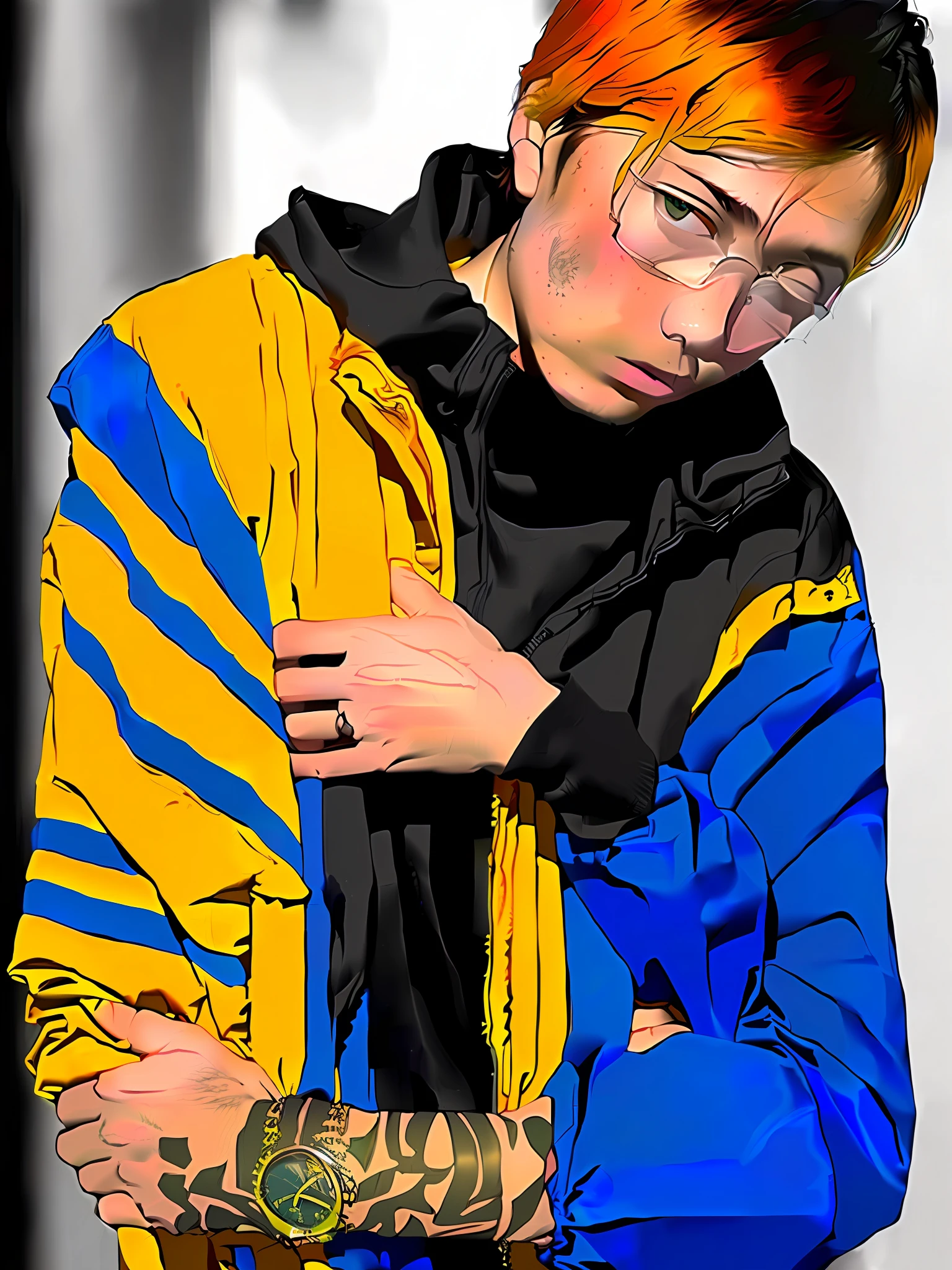Shota,Yellow jacket,There is a blue stripe on the left arm,On the right arm is an orange stripe,whaite hair,Frozen in ice