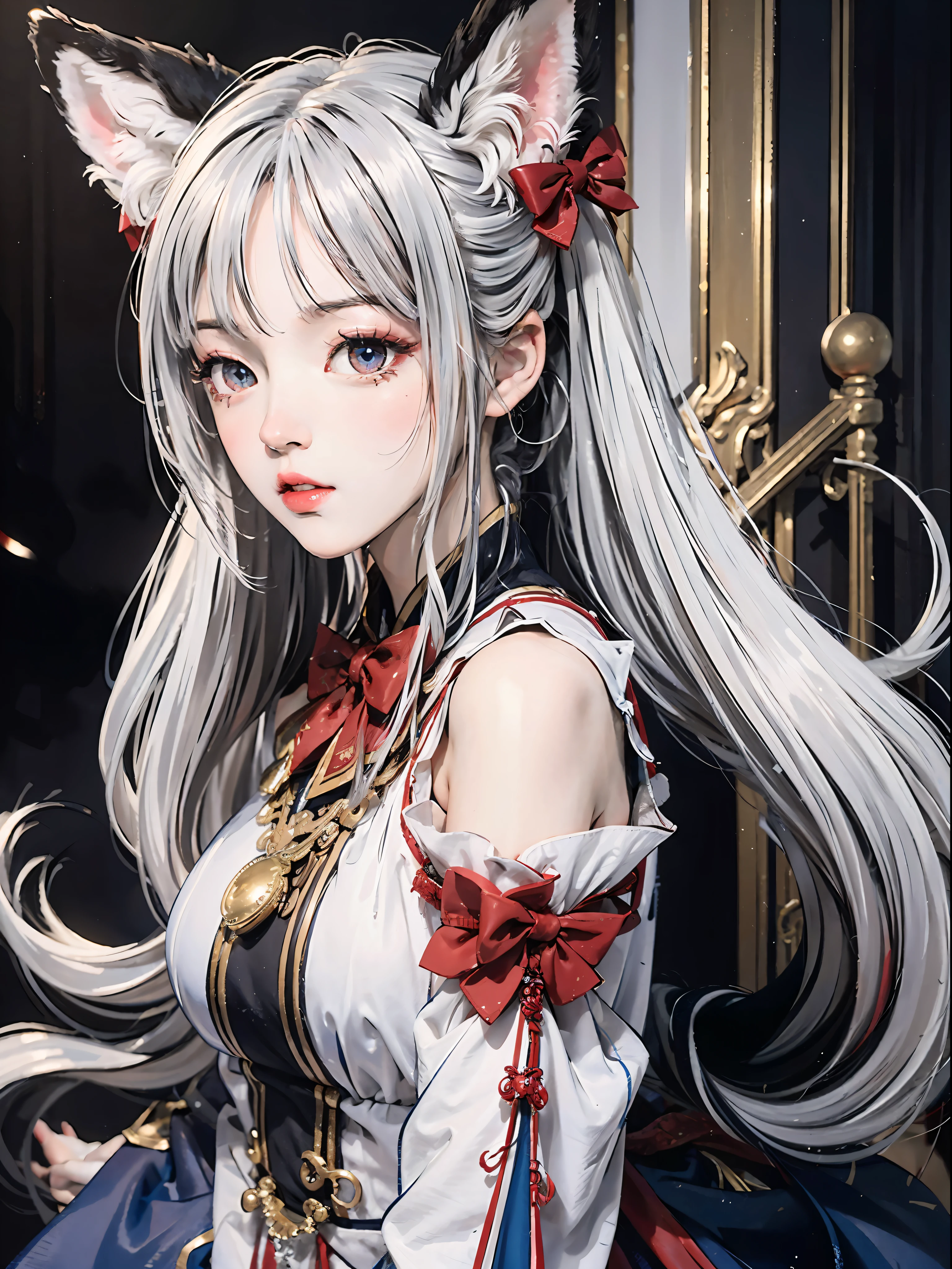 Best quality,Masterpiece,(Photorealistic:1.2),Extremely detailed Cg Unity 8K wallpaper,1 rapariga， Blue bow， fox ear， red eyes， Long hair， Very long hair， longer sleeves， 独奏， Bow knot， hair between eye， coda， fox tails， By bangs， shift dresses， whitelegwear， White hair