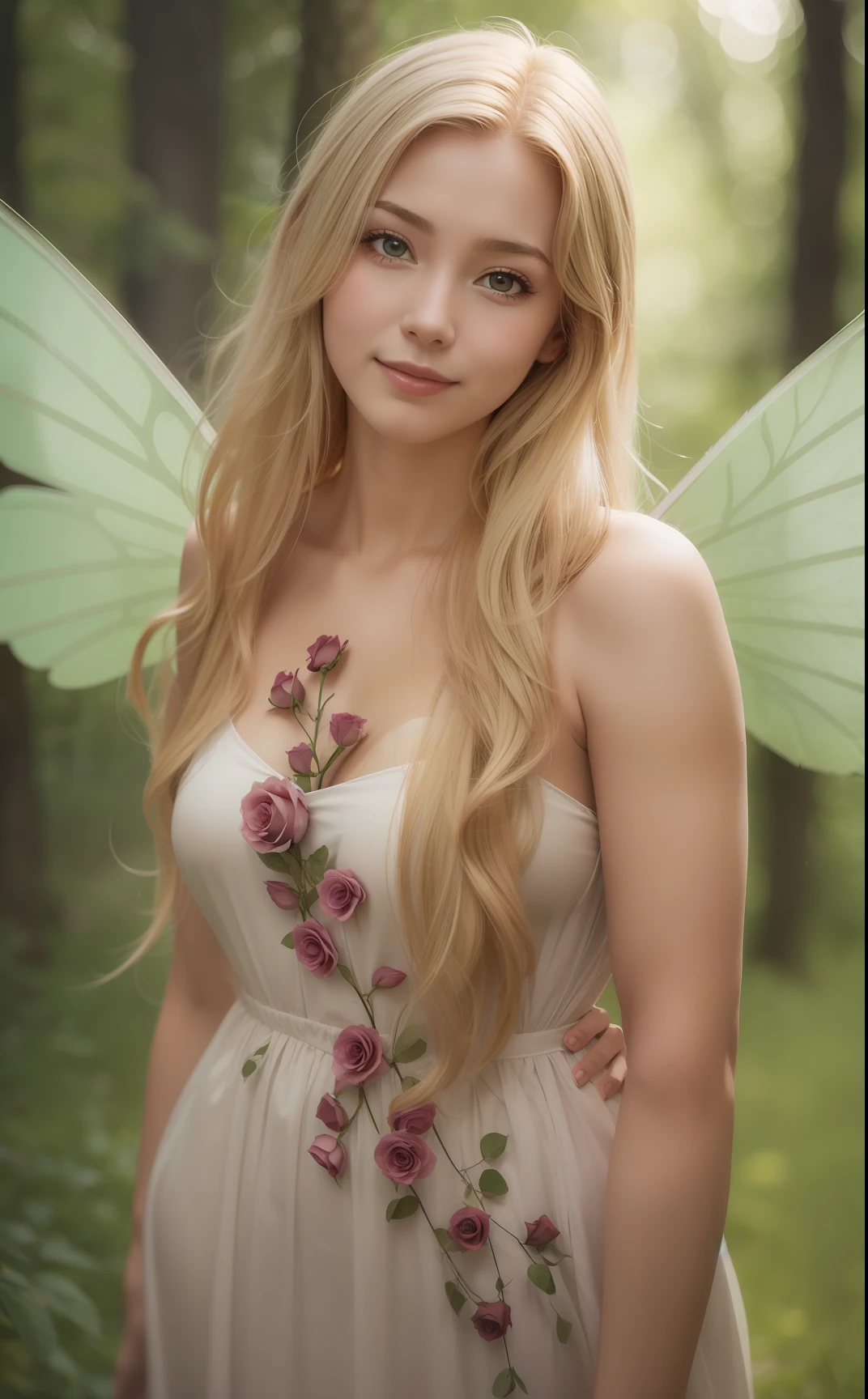 Photo of a gorgeous 20-year-old Finnish fairy wearing (Rose Decoration Dresses:1.2) And (Delicate fairy wings:1.2), Grinning, (looking in camera:1.1), (Sateen:1.1), on forest path:, , masutepiece, Barefoot, (Natural lighting:0.8), 8K, ((Realistic)), F/1.1, , Forest with keen eyes、covering the navel、hiding breast、(Curvaceous)femele(flawless skin:1.11)And(teats:1.1)、A smile、full body Esbian、Beautiful standing figure、