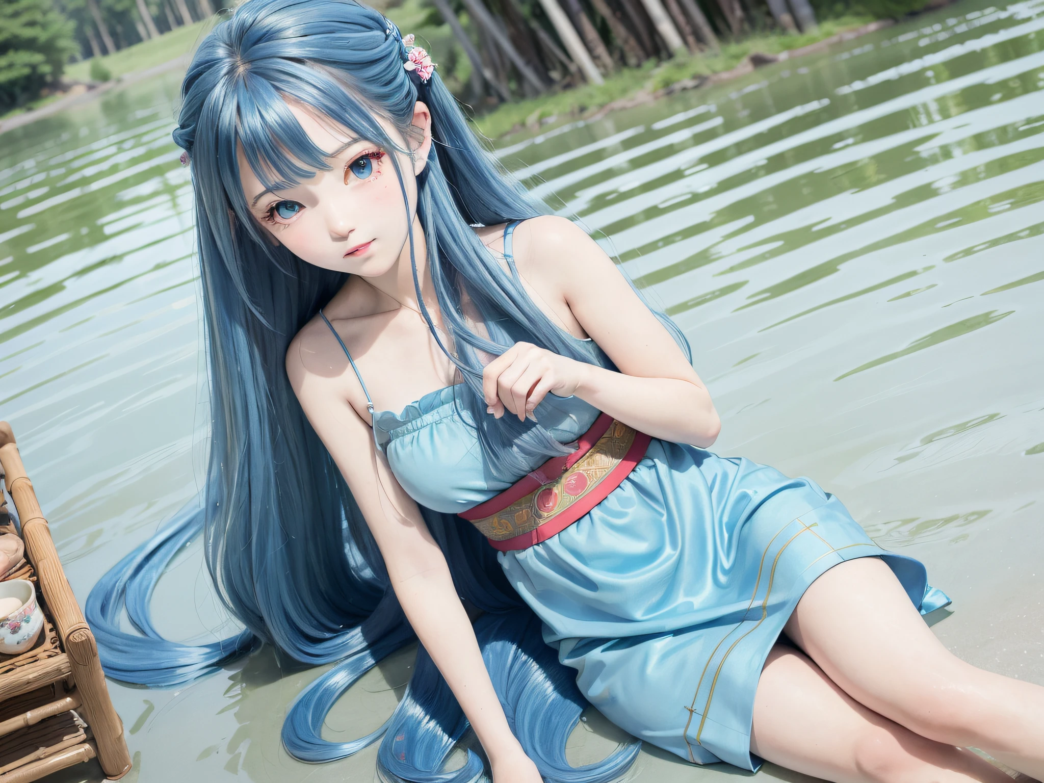 Masterpiece, Best Quality, Official Art, 8k Wallpaper, Very Detailed, Illustration, 1 Girl, Sky Blue Hair, Long Hair, Detailed Eyes, Forrest Gump, Bare Shoulders, Hanfu, Lake, Pure, Soft Smile, bamboo, tea