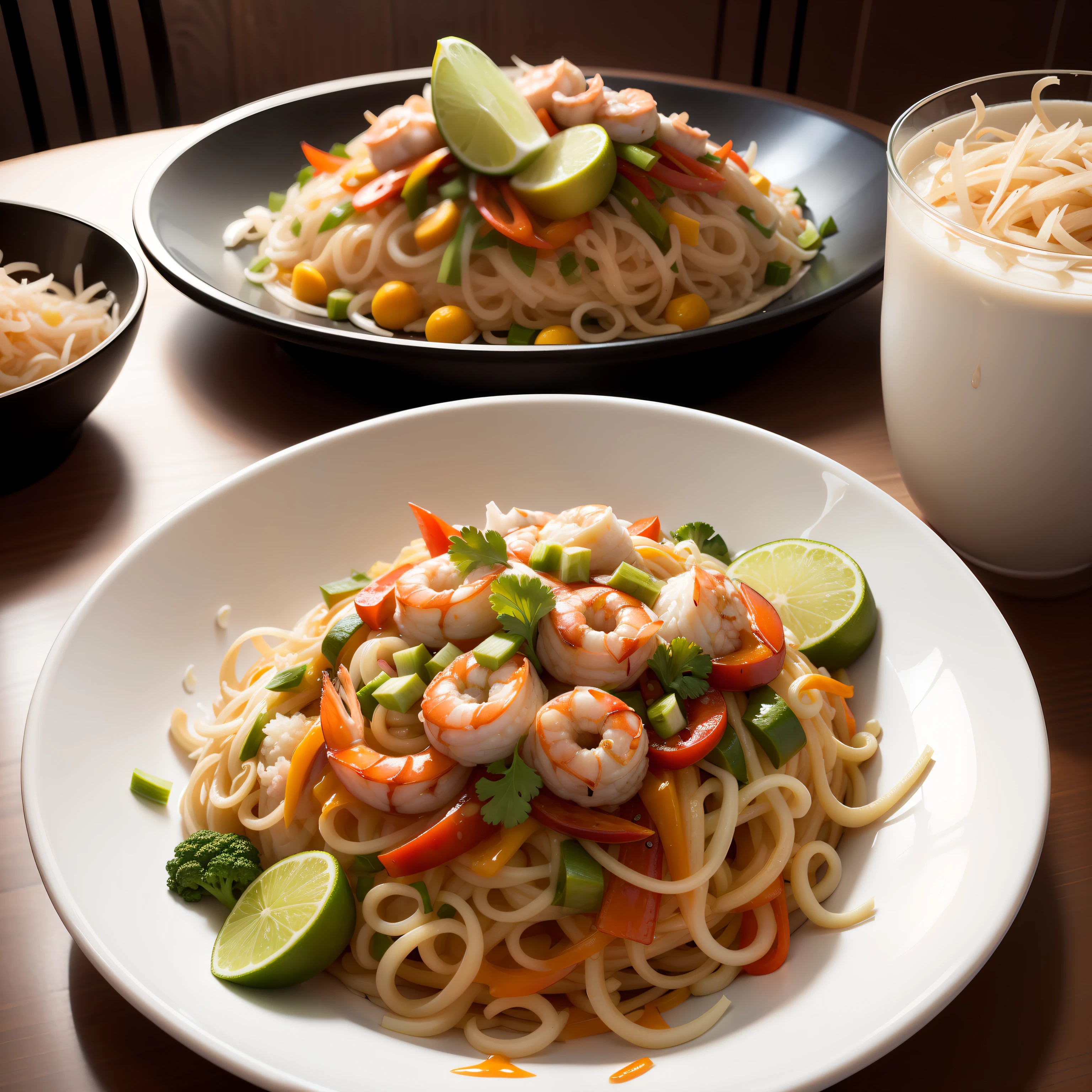 A food photography of Pad Thai A flavorful stir-fry dish with rice noodles, shrimp, chicken, and peanuts.
Create a visually balanced composition with the rice noodles, shrimp, chicken, and peanuts. Arrange them in a way that highlights each ingredient and makes them all look equally important. Present the Pad Thai in a way that looks appetizing and delicious. Use bright and vibrant colors to make the dish look fresh and healthy.
Capture the Pad Thai from different angles to show off its different layers and textures. Shoot from overhead to showcase the beautiful arrangement of ingredients, and from the side to highlight the individual components. Use a macro lens to capture the details of the individual ingredients and make them look more prominent. Illuminate the dish with diffused natural light to make it look warm and inviting. Add a bit of shadow to create depth and dimensionality. Use a fast shutter speed to freeze the motion of any steam or movement in the image. Use a shallow depth of field to create a soft and creamy background blur that emphasizes the main subject, while still keeping some of the surrounding details in focus. Enhance the colors of the Pad Thai to make them look rich and vibrant. Add a warm and slightly orange tone to make the dish look more appetizing. Emphasize the texture of the dish by using lighting and styling techniques that bring out the roughness of the peanuts, the softness of the noodles, and the smoothness of the shrimp and chicken. Use the image to tell a story about the dish. Show the Pad Thai being prepared or being enjoyed by diners to convey the deliciousness and satisfaction that comes with this flavorful stir -fry dish --stylize 750 - -no cutlery --v 5 --q2 --chaos 2