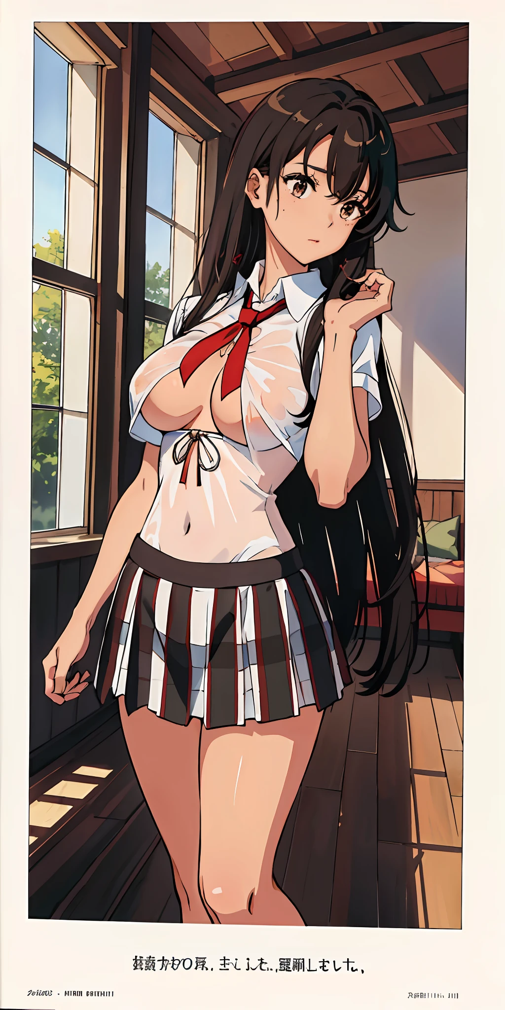 (top-quality、​masterpiece)、1girl in、A stunning、((A dark-haired))、barechested、(((Brown skin tone)))、sun burn、Mole、(((Colossal tits)))、large full breasts、Sheer areol、Sheer uniform、shool uniform、neck tie、I can see my chest a little、teats、The areol