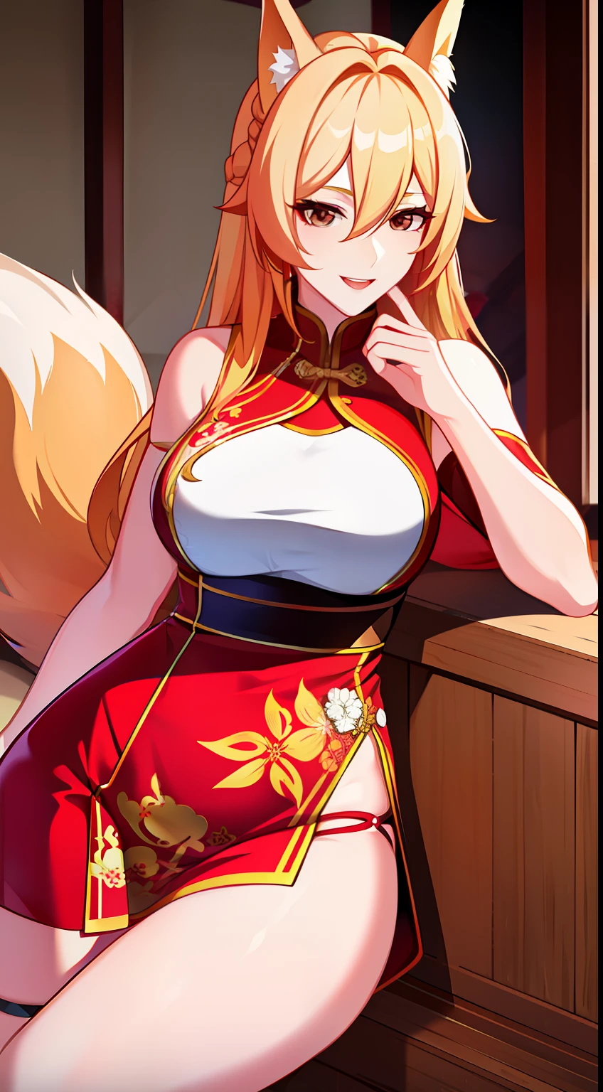 Adult woman, longue blonde hair, Brown eyes, fox ears and tail, Chinese dress, ssmile, red lipstick, Masterpiece, hiquality