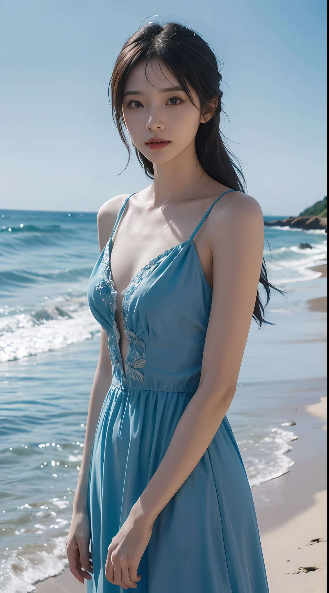 A beauty blue dress sea blue sky beach detailed details, Masterpiece, offcial art, movie light effect, 4K, Chiaroscuro , Flashing Canon photography realistic