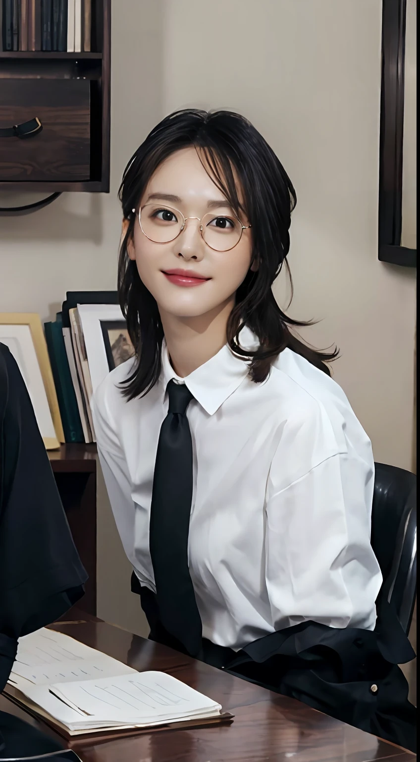 In a spacious and bright office,A professional woman sits at her desk,Wearing a smart black suit,Pair it with a simple white shirt,The hairstyle is neat and neat,Wearing a pair of rimless glasses,Appears calm and professional。She looks sweet and lovely,The face has delicate facial features and a charming smile,It feels gracious and confident。