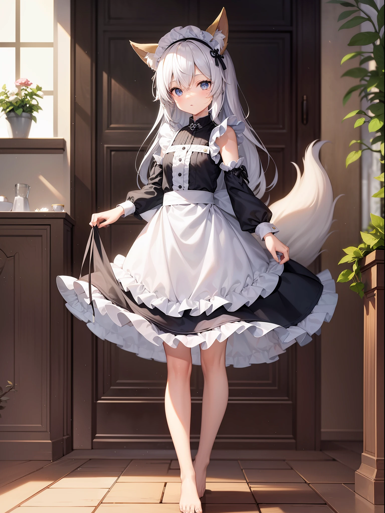 ink,aquarelle,Smudge,White hair Q version of beautiful baby girl,Cute and cute,2 head body,the maid outfit,Pure,Beautiful,Barefoot,(fox tails:1.4),Tintin Yuli,Out of this world,Small building,themoon,There are small broken flowers on the head,fox ear,,super-fine,Hair is carefully described,The eyes are carefully depicted,best qualtiy,8K分辨率,
