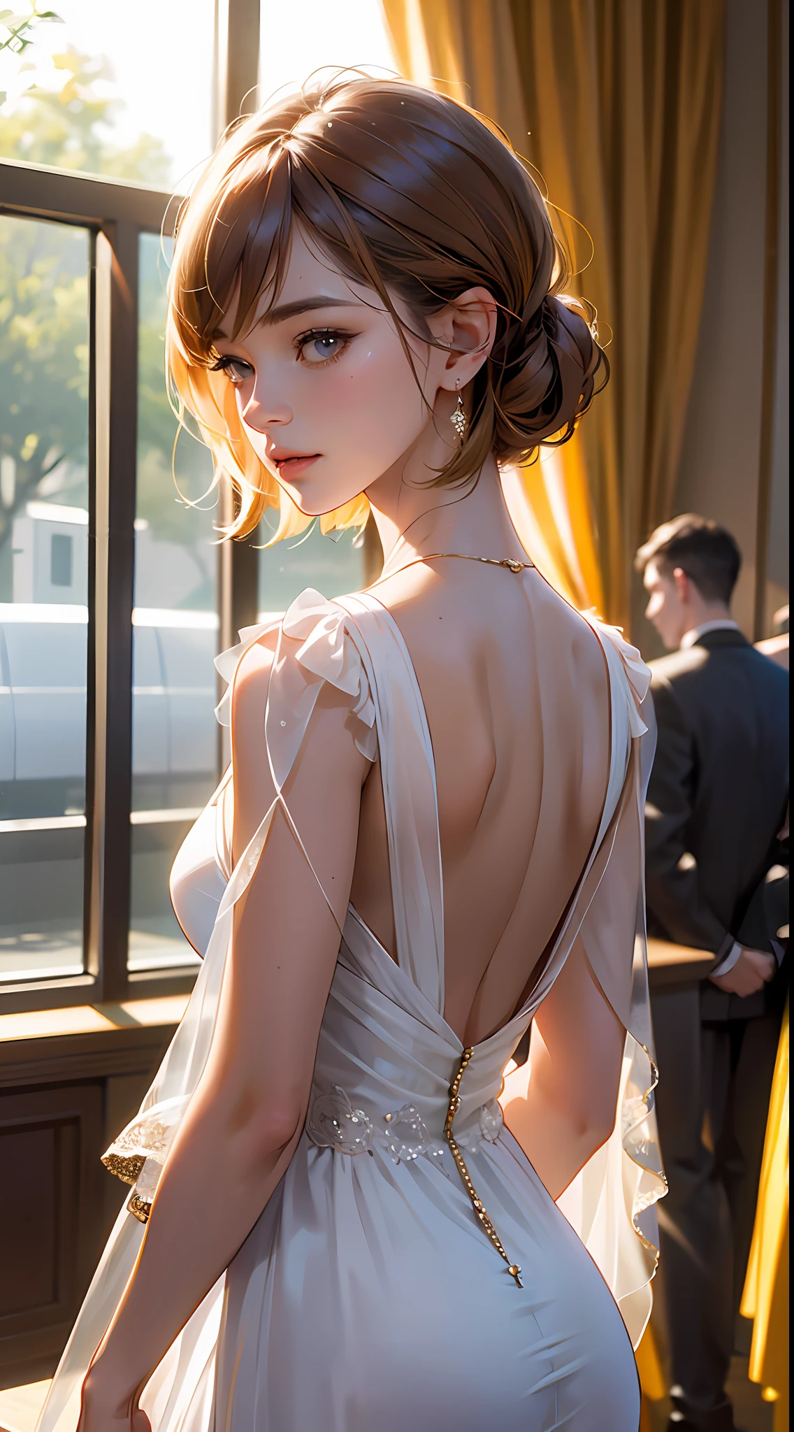 (airport:1), PM, (Pink Gown:1), Golden Fringe Shorthair, Light brown eyes, 1girl in, 20yr old, Innocence, (Photorealsitic), (intricate-detail:1.2),(​masterpiece, :1.3),(top-quality:1.4), (超A high resolution:1.2), 超A high resolution, (A detailed eye), (detailed facial features), nffsw, 8K分辨率, (lensflare:0.7), Looks Back,