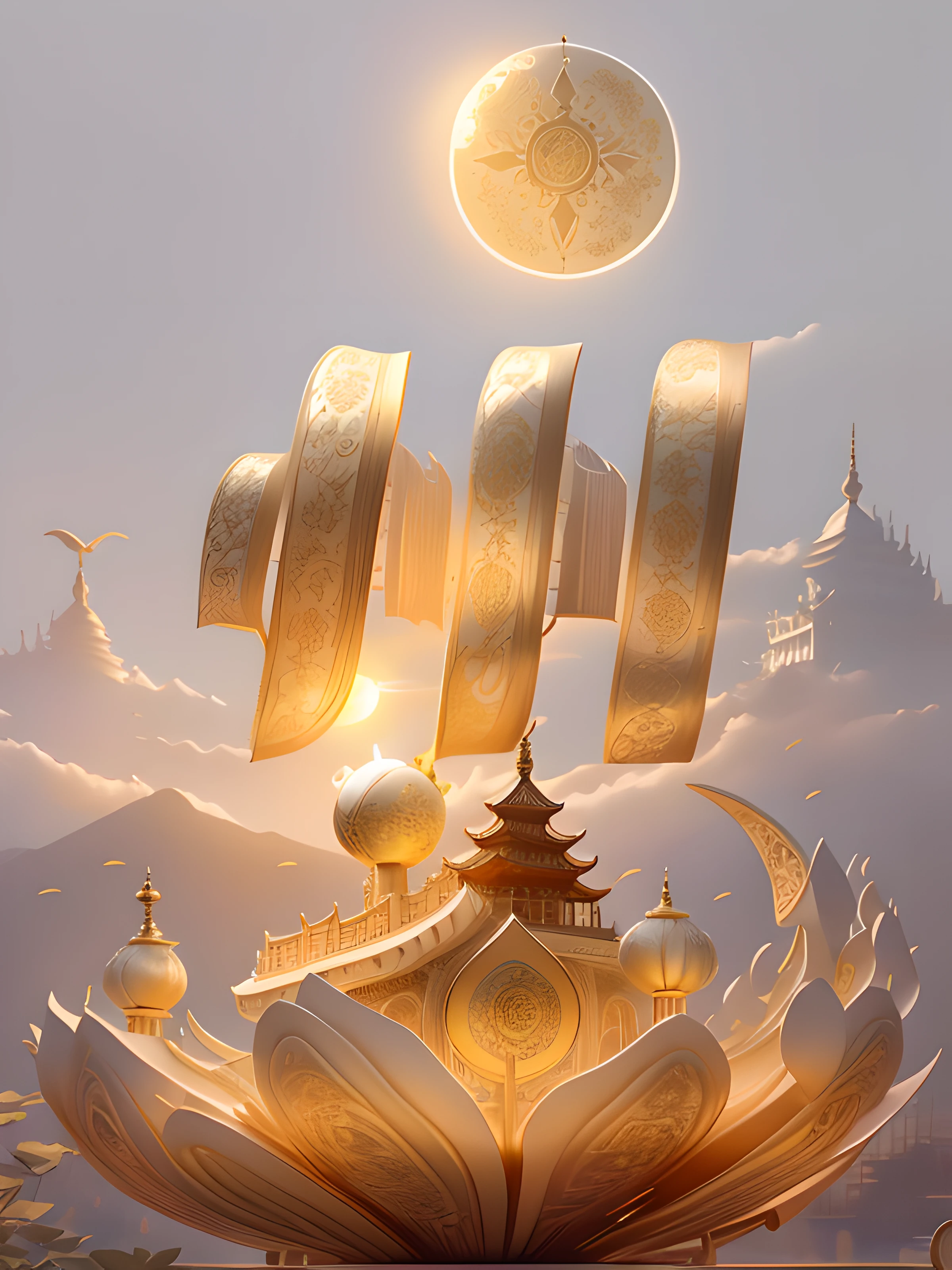 The word is above the background,simple backgound(Santan Seal Moon,Leifeng Tower,West lake,lotuses),ultra - detailed,high qulity,filmposter, Ray traching,Beautiful Chinese style,Golden curves