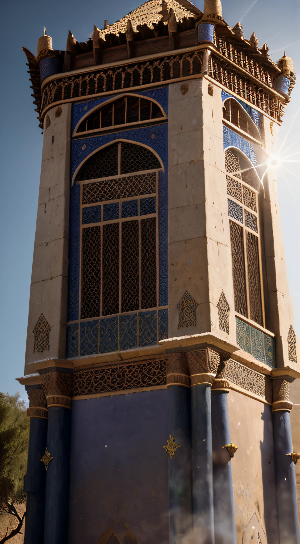 close up depiction of a medieval fantasy north african traditional watchtower, exterior, elaborate, (backlighting), realistic, masterpiece, highest quality, lens flare, shade, bloom, [[chromatic aberration]], by Jeremy Lipking, by Antonio J. Manzanedo, digital painting