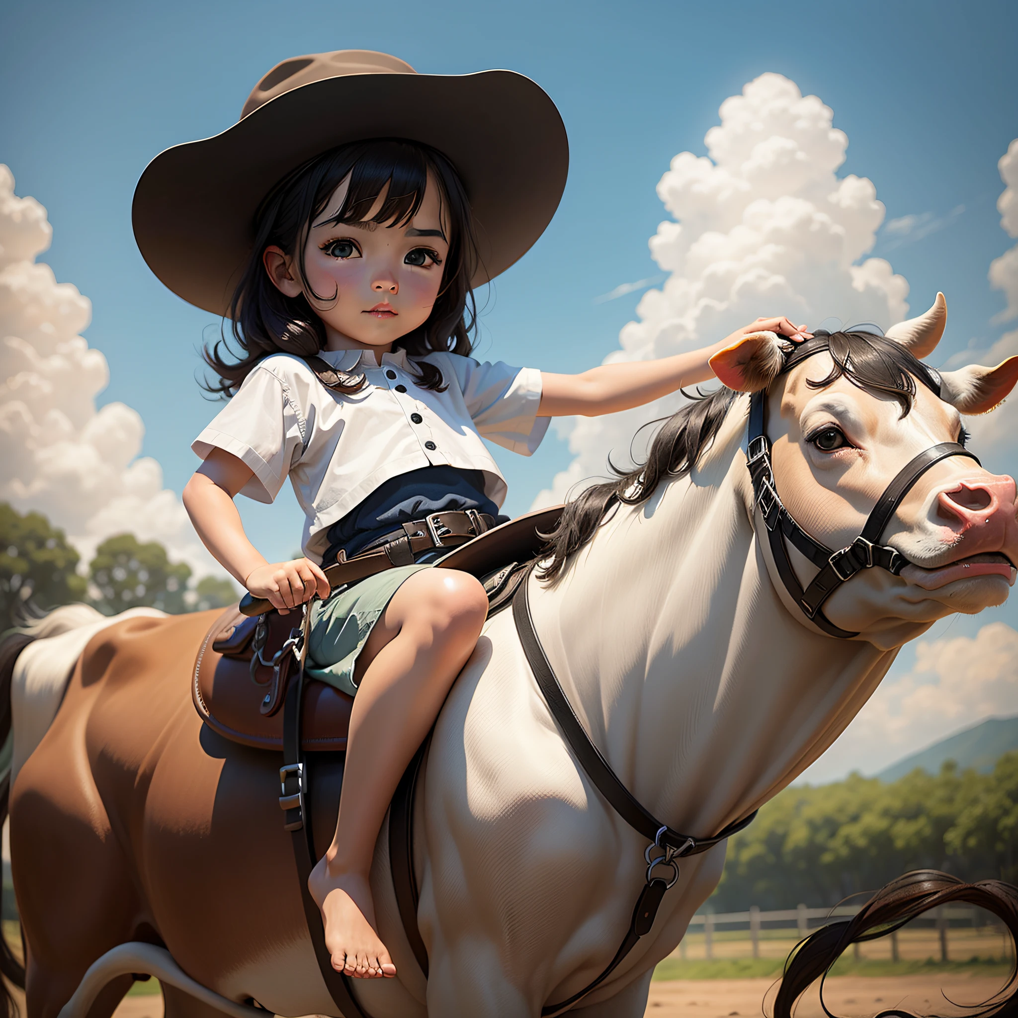 ,Ride a cow,oil painted,White background