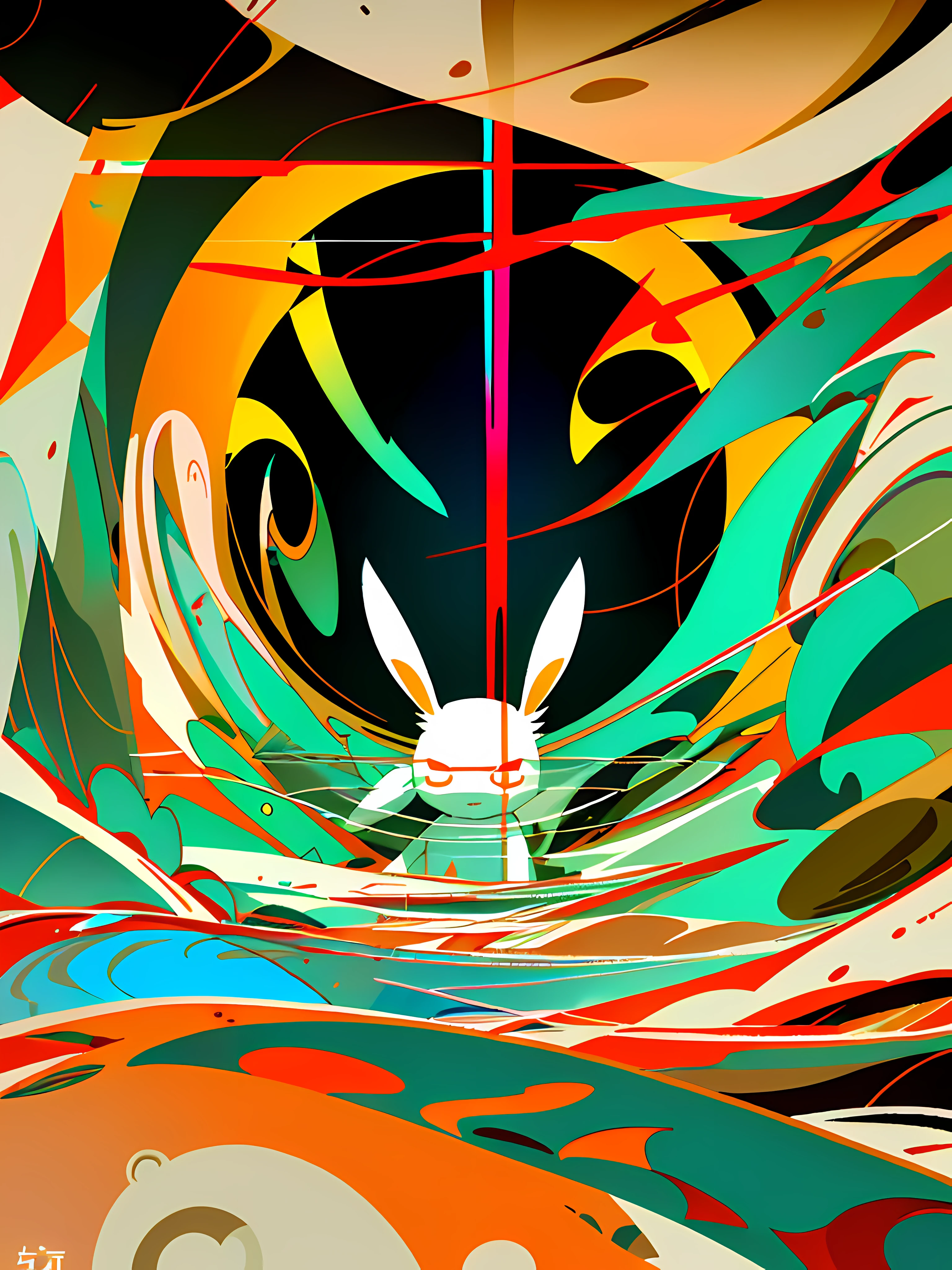 (blame! style abandoned tech landscape), (Zen, Amy Sol style), (like a tunnel that you follow to a tunnel of its own down a hollow in a cavern where the sun has never shone), (abstract anthro rabbit figure wearing bunny ears), cover art with light abstraction, abstract, simple vector art, contemporary Cybernetic art, color gradients, soft color palettes, layered forms, whimsical animation, style Ethereal abstract, 4K, --v6