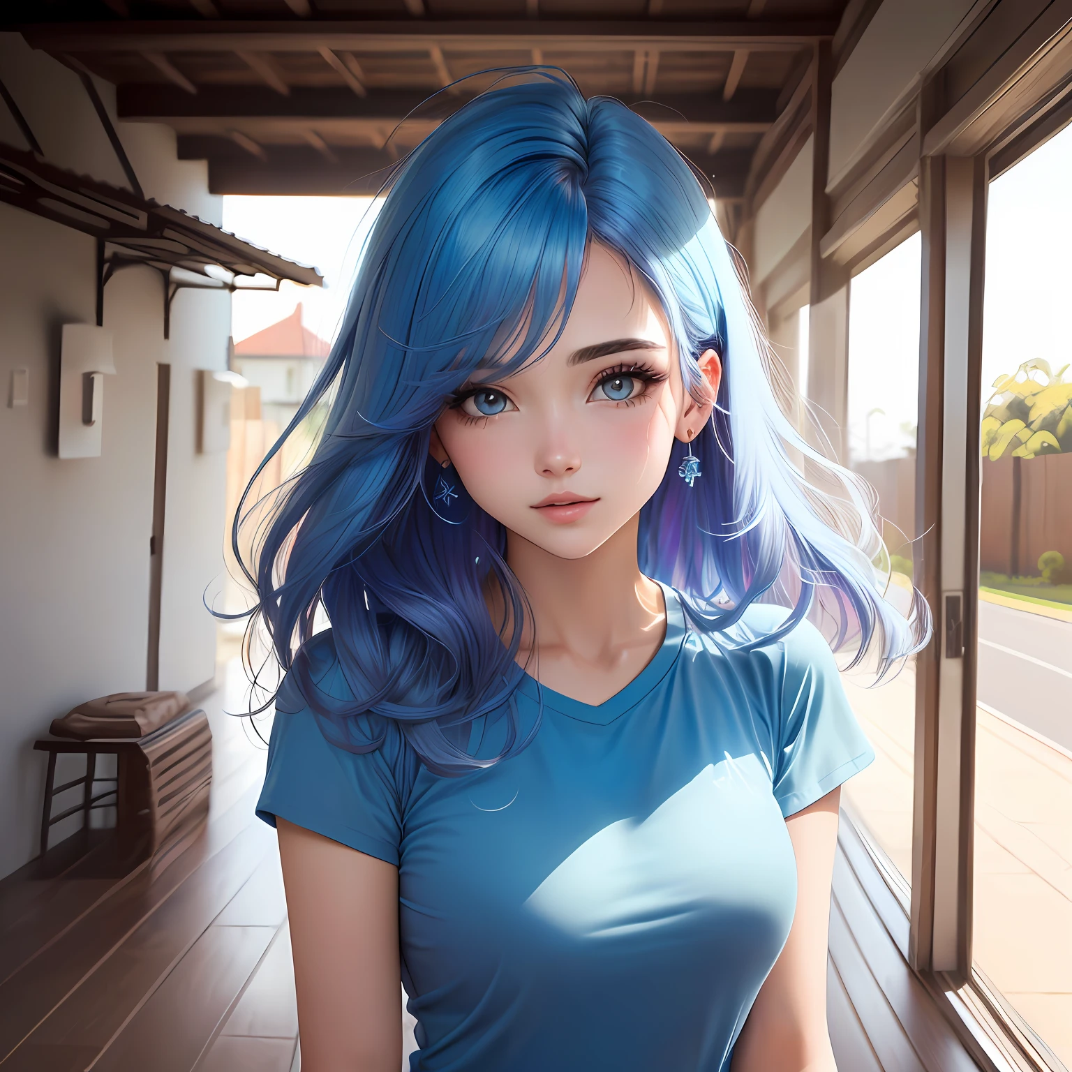 Jovem mulher, linda, alta resolução, corpo inteiro, cabelos azul celeste, rosto delicado, obra prima, detalhado, cabelos ao vento, detalhe no cabelo, realista, olhos azuis, grandes peitos, sem camiseta