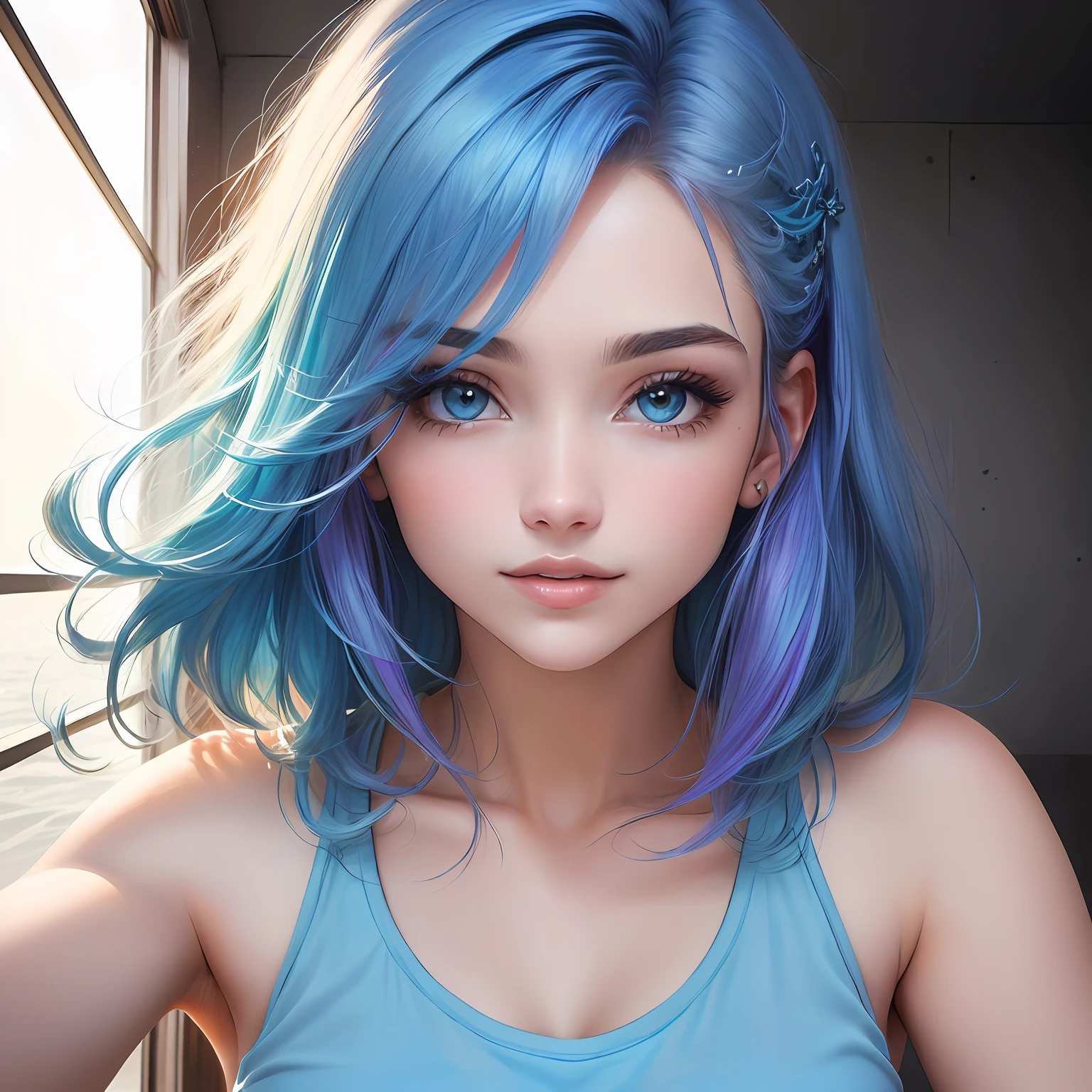 Jovem mulher, linda, alta resolução, corpo inteiro, cabelos azul celeste, rosto delicado, obra prima, detalhado, cabelos ao vento, detalhe no cabelo, realista, olhos azuis, grandes peitos, sem camiseta