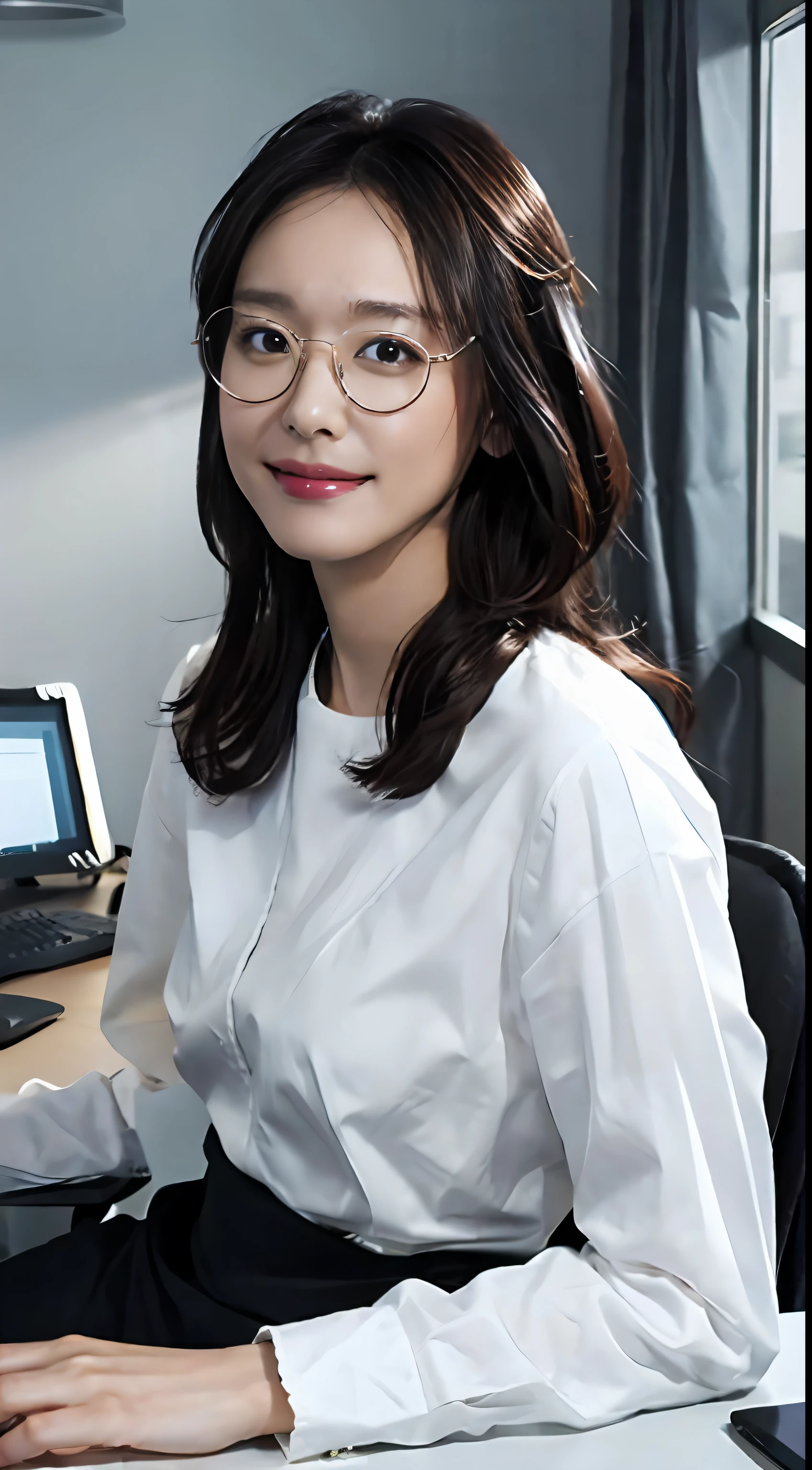 In a spacious and bright office,A professional woman sits at her desk,Wearing a smart black suit,Pair it with a simple white shirt,The hairstyle is neat and neat,Wearing a pair of rimless glasses,Appears calm and professional。She looks sweet and lovely,The face has delicate facial features and a charming smile,It feels gracious and confident。