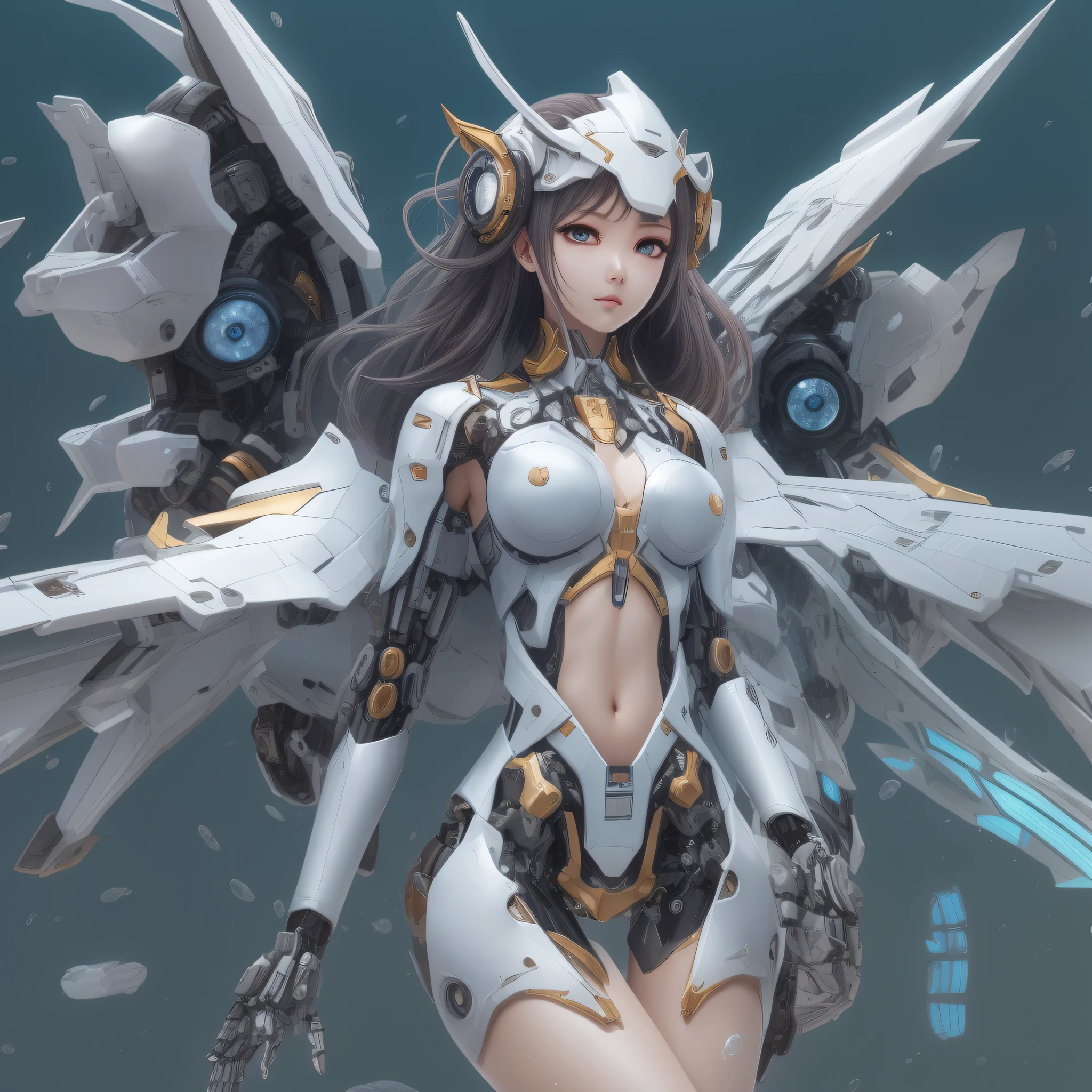 (masutepiece), best quality,{full bodyesbian},((1 rapariga)),((beauty detailed eye)),{mechs,Huge_filesize},(bare shoulders),scientific fiction,ighly detailed,Illustration,extremely detailed CG unity wallpaper,submerge,lighting like a movie,dramatic angle,{{beautiful countenance}},Posing,Caustics,fine water surface,,mechanical wing,Metal wings,mech wings,{mecha clothes},robot girl,beautifull detailed face,
