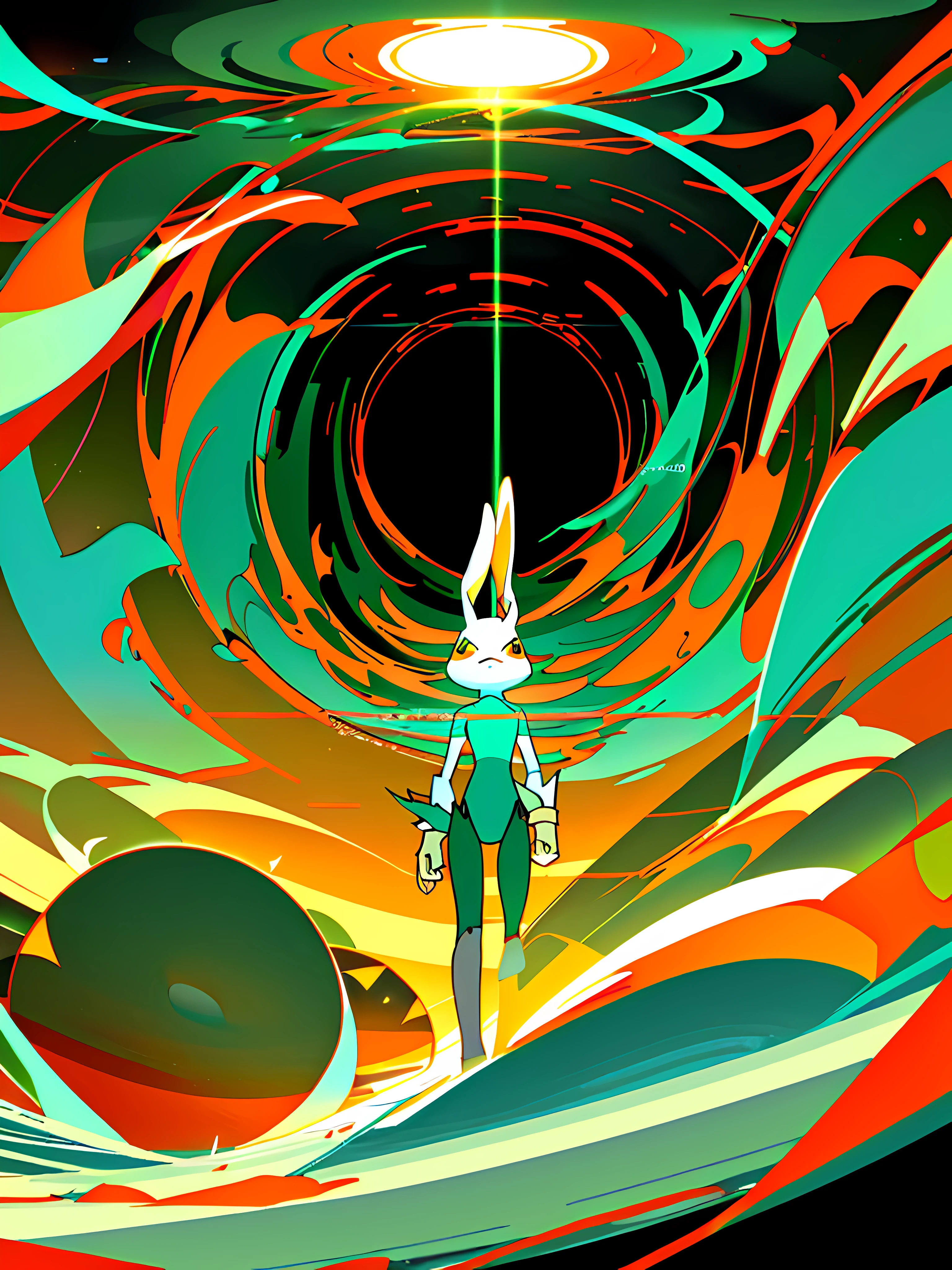 (blame! style abandoned tech landscape), (Zen, Amy Sol style), (like a tunnel that you follow to a tunnel of its own down a hollow in a cavern where the sun has never shone), (abstract anthro rabbit figure wearing bunny ears), cover art with light abstraction, abstract, simple vector art, contemporary Cybernetic art, color gradients, soft color palettes, layered forms, whimsical animation, style Ethereal abstract, 4K, --v6