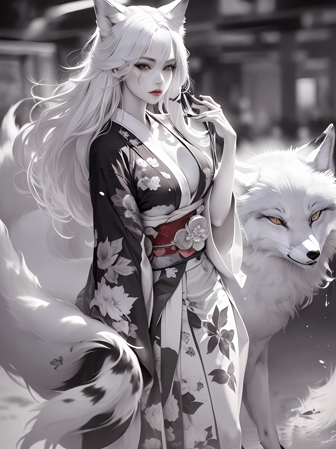 Upper body portrait, monochrome, Black and white, Film noir screen cover ,Photorealsitic,(8K), (Photos of large masterpieces), Stunning fox demon, Silver-haired femme fatale,beautifullegs,Wear a stylish Japanese kimono, (White fox tail:1.5), Seductive,A plump chest,cleavage,There is blood on the lips