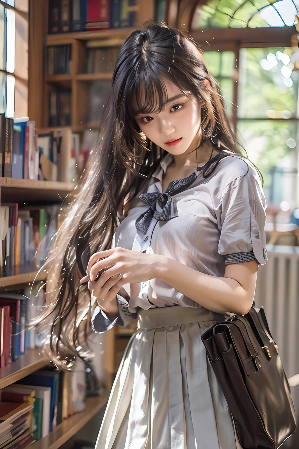 Masterpiece, Best quality, 超高分辨率, (Photorealistic:1.4), Beautiful lighting, RAW photo, 8K  UHD, hyperdetailed face, realistic lightning, Beautiful girl, Sweet girl, ((wearing white shirt and  long pleated skirt)), library,  Long shot, Shy, hiding face behind book,