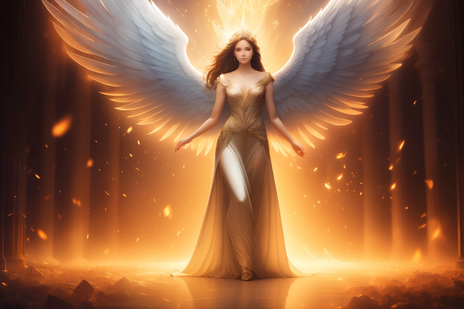 (((fullbody))) ANGELIC DELIGHT, BORN OF LIGHT, WINGED ANGELS, HEAVEN SENT, masterpiece, highly detailed, photorealistic, high resolution, spectral form, cinematic noir lighting, surreal photorealism, strong detailing