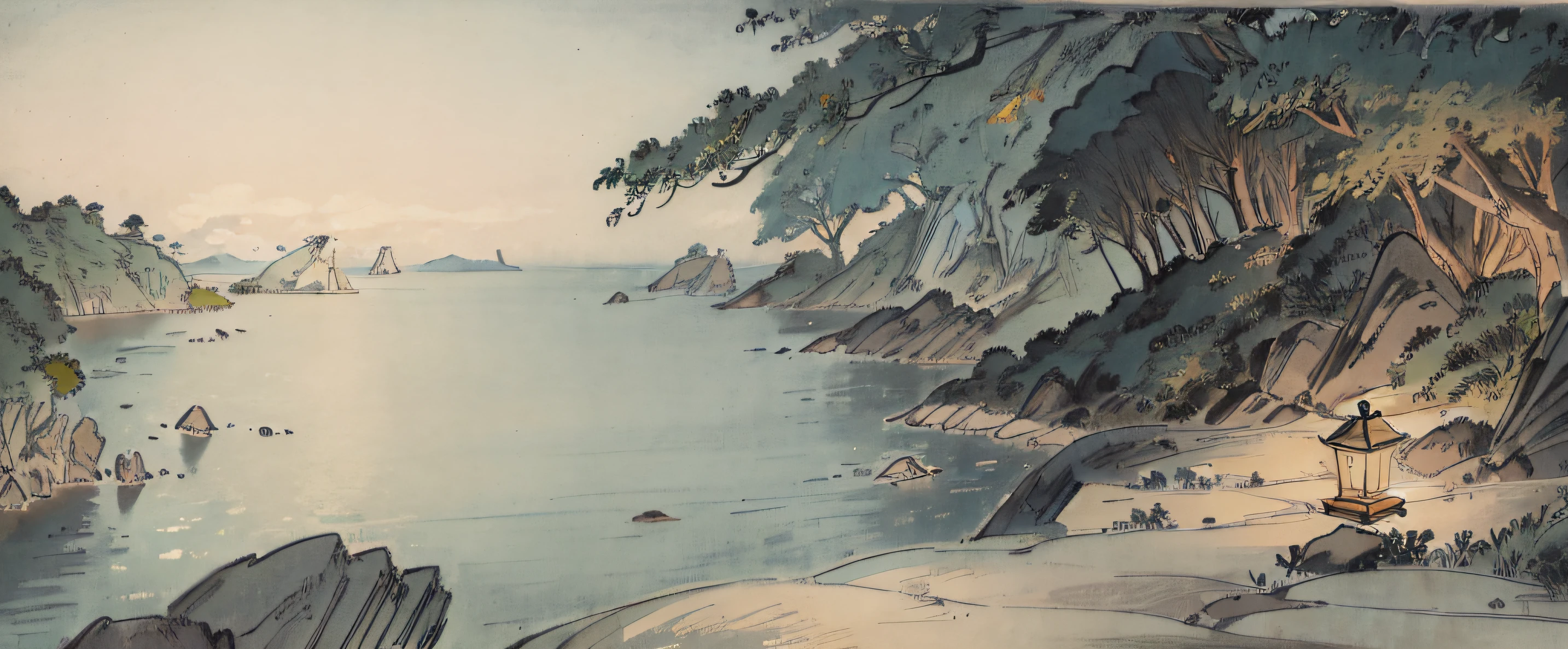 Dark Ancient Japanese sketch of rocks near the beach, green forests(view from a cliff) looks at the islands in the ocean during Night.