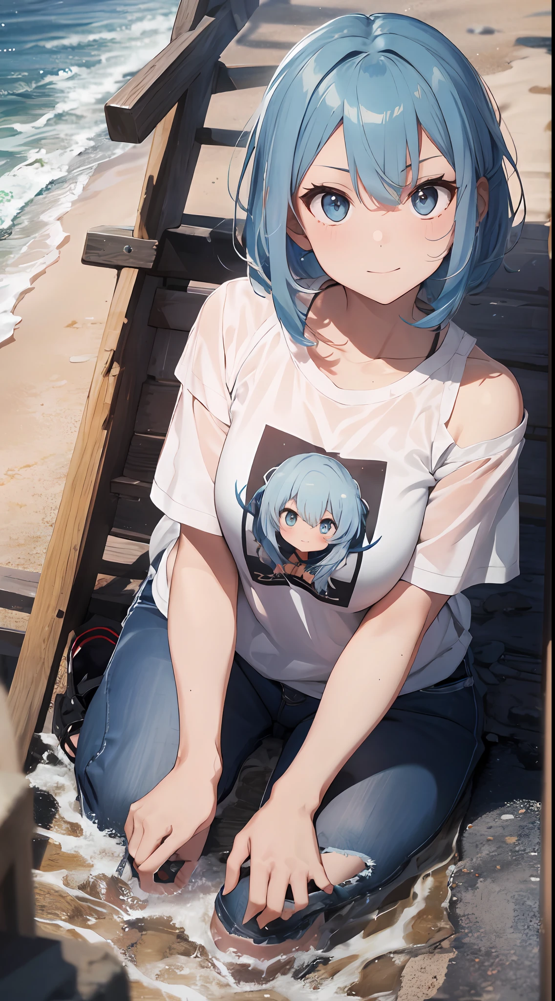 (NSFW:1.2), (8K, Raw photography, Top image quality, tmasterpiece: 1.4), ultra highly detailed, (realisitic, photoreallistic: 1.48), 1girl in, Solo Focus, type moon style, Kyoto Animation Style, short-length hair, (blue hairs:1.7), Blunt bangs, Hair Between Eyes, Clear eyes, side locks, White hair, Shiny hair, beautiful detailed cold face, Seductive smile, angry, complex details beautiful and delicate eyes, bare_shoulders, Small_Breasts, Gray eyes, White skin, Hair Ornament, (((T-shirt))), swim ring, swimsuit, beautiful bare back, Sandals, Skindentation, 鎖骨, bare_Legs, beach, Beautiful detailed sky, White sand, tree, very precise details, absurdist, Extremely detailed, 16k wallpaper,remrezero