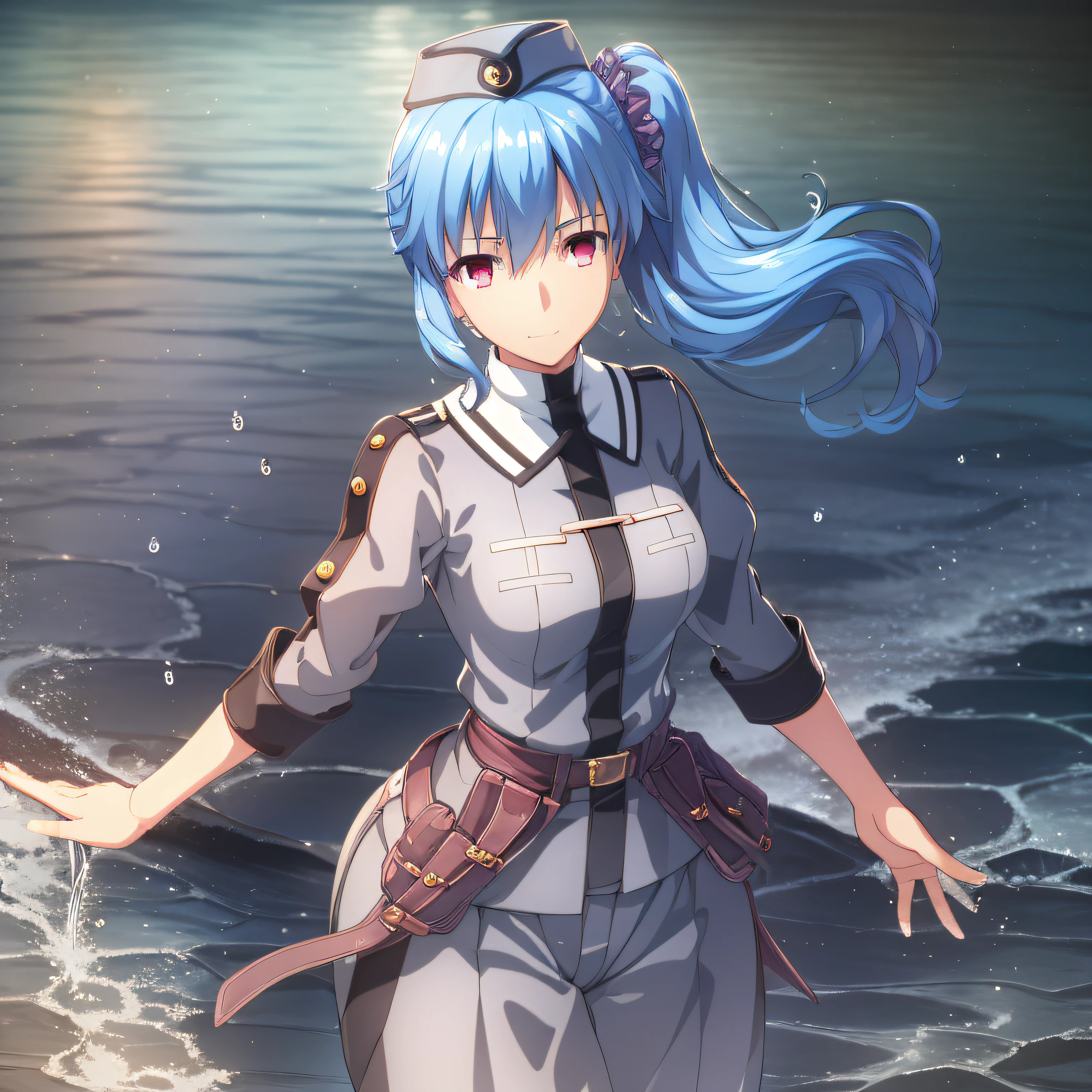 {{beautiful}}, amazing, (best quality:1.5), (masterpiece:1.5), extremely delicate and beautiful, intricate details, finely detailed, extremely detailed, beautifully detailed, ultra-detailed, (hyperdetailed:1.5), high resolution, (illustration), watercolor pencil, Clear line drawing, (ufotable style:1.1), (ufotable screen cap:1.1), anime coloring, anime screencap, (latest picture), backlighting, dynamic angle, glow, depth of field, {{body satisfaction}}, (body with a good balance of style:1.5), (slender figure:1.5), perfect body, perfect hands, perfect feet, (two arms:1.2), (two legs:1.2), (five fingers each:1.2), (perfect joint:1.2), perfect joint movement, beautiful detailed eyes, (detailed eyes:1.5), finely detailed eyes, perfect anatomy, full dissection, perfect composition, correct limbs, balance and coordination in all things, realistic:0.5, precise fingers and hands, (finely drawn hair:1.5), {{Claire Rieveldt}}, Claire Rieveldt, blue hair, side ponytail, scrunchie, red eyes, medium breasts, {{garrison cap}}, grey headwear, grey military uniform, grey pants, purple belt, brown boots, {{lake}}, (water splashes:1.5), (forest:1.2), (night:1.2), (full moon:1.2), {{1girl}}, (solo:1.2), looking at the viewer, smile, {{standing}},