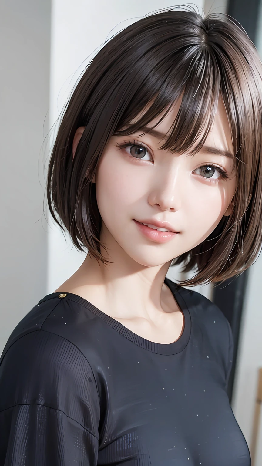 masterpiece, The highest image quality, hightquality, beautiful a girl, japanes, Japan girl, natural make up, detaileds, Swollen eyes, A detailed eye, Detailed skin, Beautiful skins, 超A high resolution, (Realistis:1.4)、cute little, Beautiful skins, (dark blonde hair:1)、(short-hair:1.1)、short-hair、 (A hyper-realistic), (illustratio), (hight resolution), (8K), (ighly detailed), (The best illustrations), (beautifully detailed eyes), (ultra-detailliert), (wall-paper), (详细的脸), looking at the viewers, finely detail、A detailed face、pureerosfaceace_v1、A smile、((Opening Mouth:1.2))、((Show your teeth and smile))、Looking straight ahead、Looking straight ahead、angle from waist up、photos realistic、Bright lighting、profetional lighting、17 age