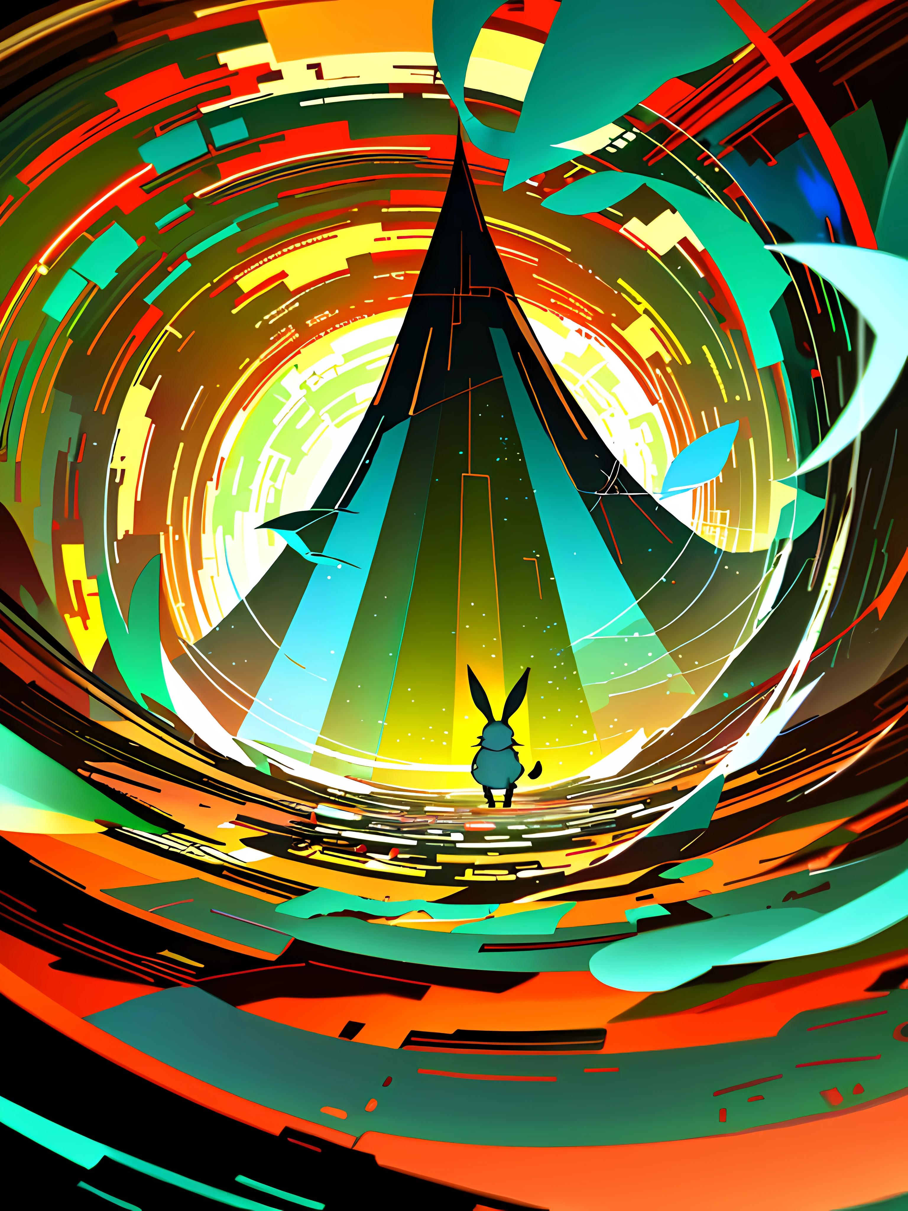 (blame! style abandoned tech landscape), (Zen, Amy Sol style), (like a tunnel that you follow to a tunnel of its own down a hollow in a cavern where the sun has never shone), (abstract anthro rabbit figure wearing bunny ears), cover art with light abstraction, abstract, simple vector art, contemporary Cybernetic art, color gradients, soft color palettes, layered forms, whimsical animation, style Ethereal abstract, 4K, --v6