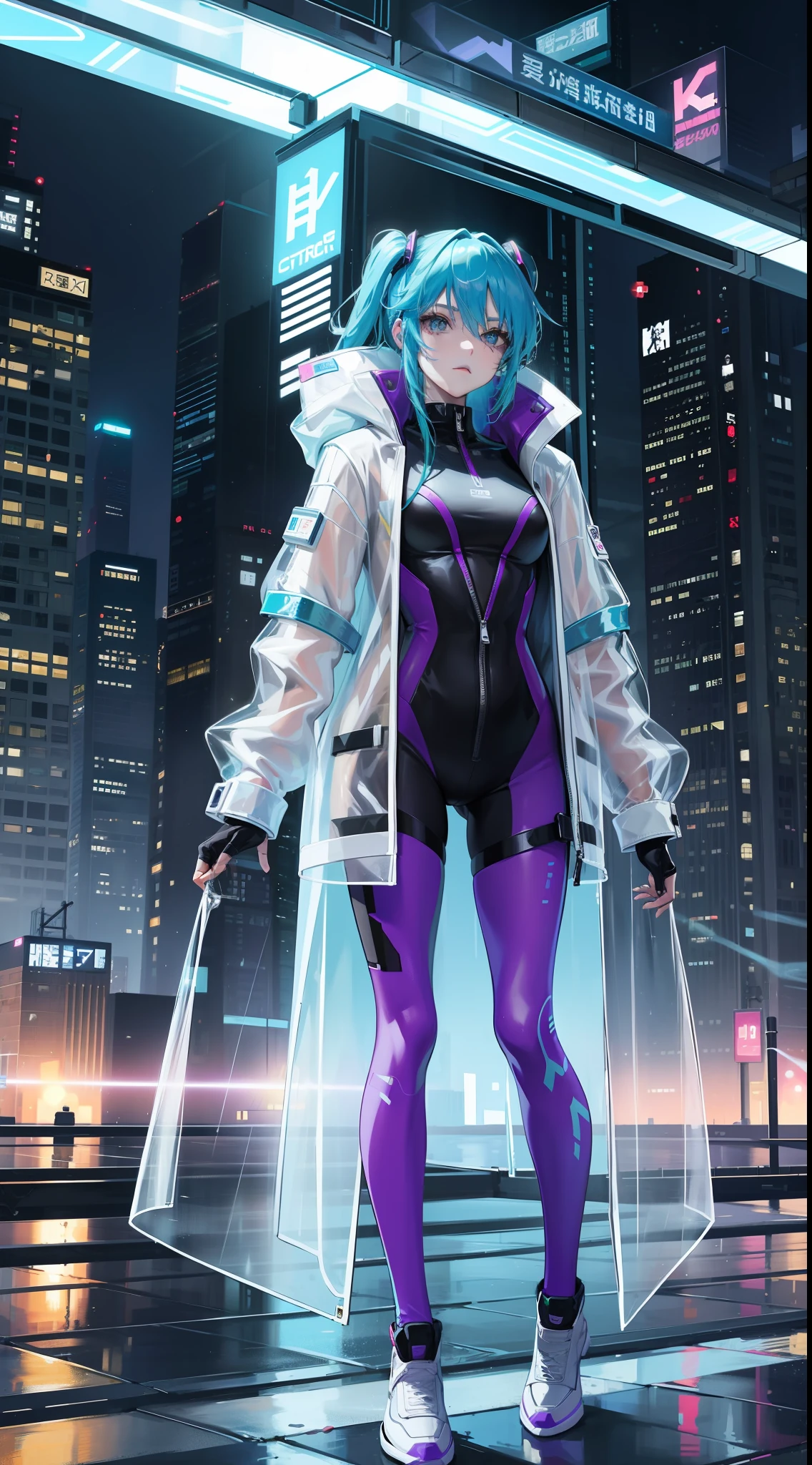 Wear a plastic transparent jacket，Draw lines on your face，Inspired by:《cyber punk edge runner》，heroines"lucy"of clothes ，The background is a tall building with a reflection at night
