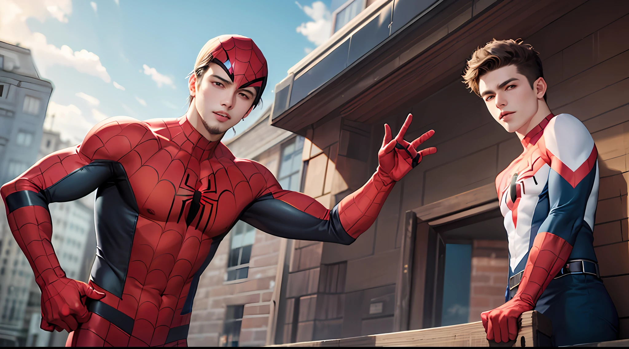 (tmasterpiece,best qualtiy:1.2), 独奏, malefocus, 1boys, face expressionless, looking at viewert, squatt,smokes, short detailed hair, (Striped hair:1.1), red eyes, spider-suit, Cobweb print, spiderwebs, the roof