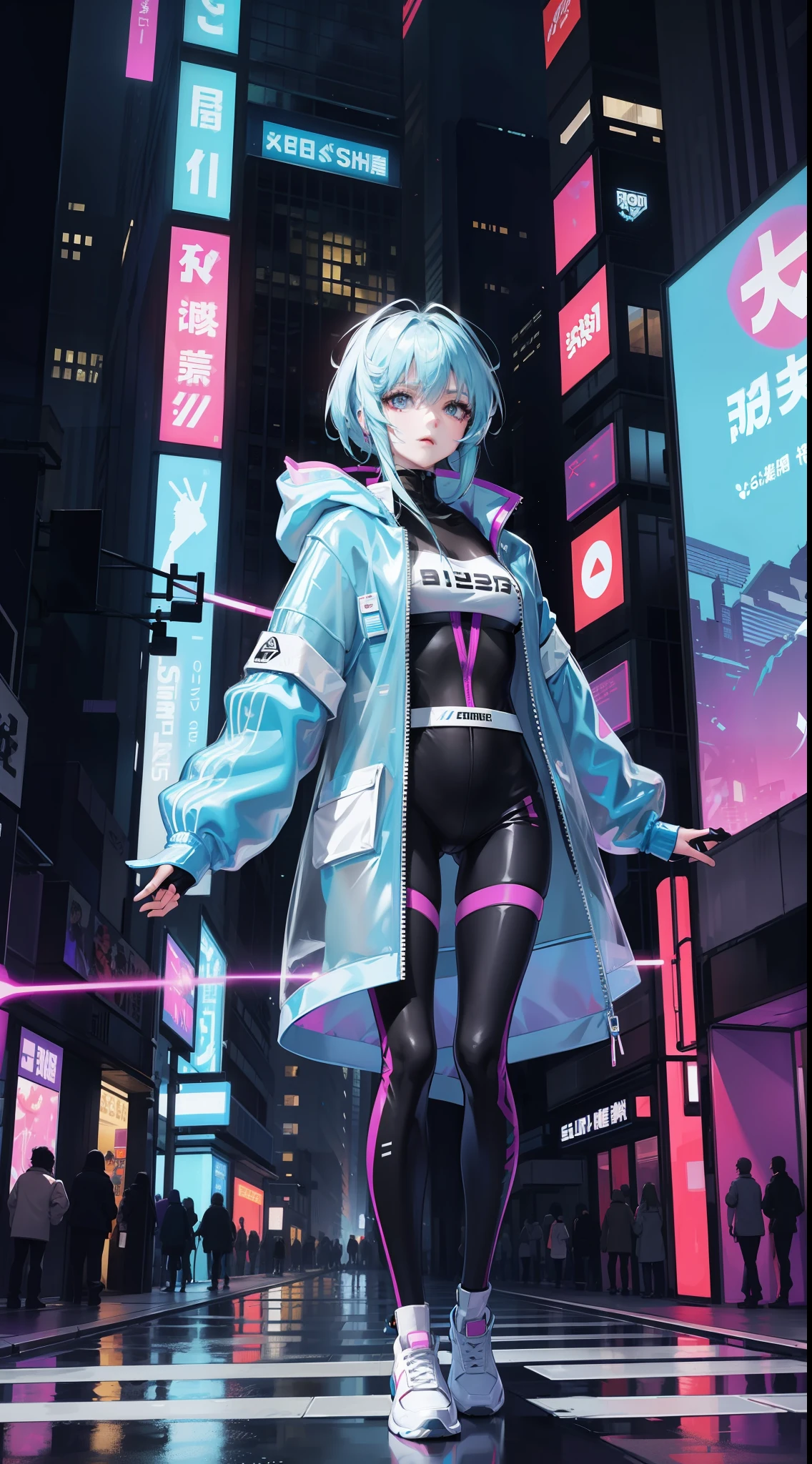 Wear a plastic transparent jacket，Draw lines on your face，Inspired by:《cyber punk edge runner》，heroines"lucy"of clothes ，The background is a tall building with a reflection at night