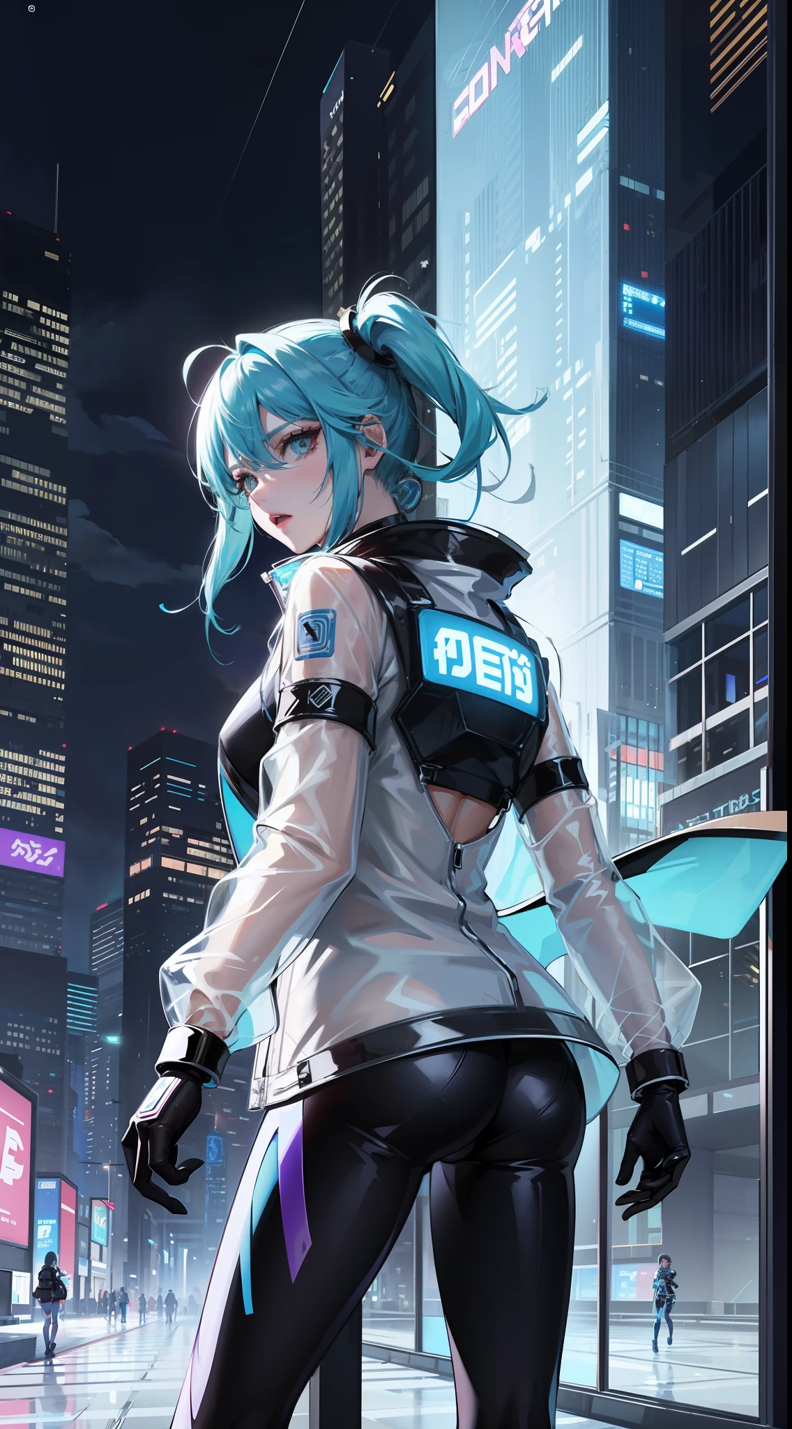 Wear a plastic transparent jacket,Draw lines on your face,Inspired by:《cyber punk edge runner》,heroines"lucy"of clothes ,The background is a tall building with a reflection at night