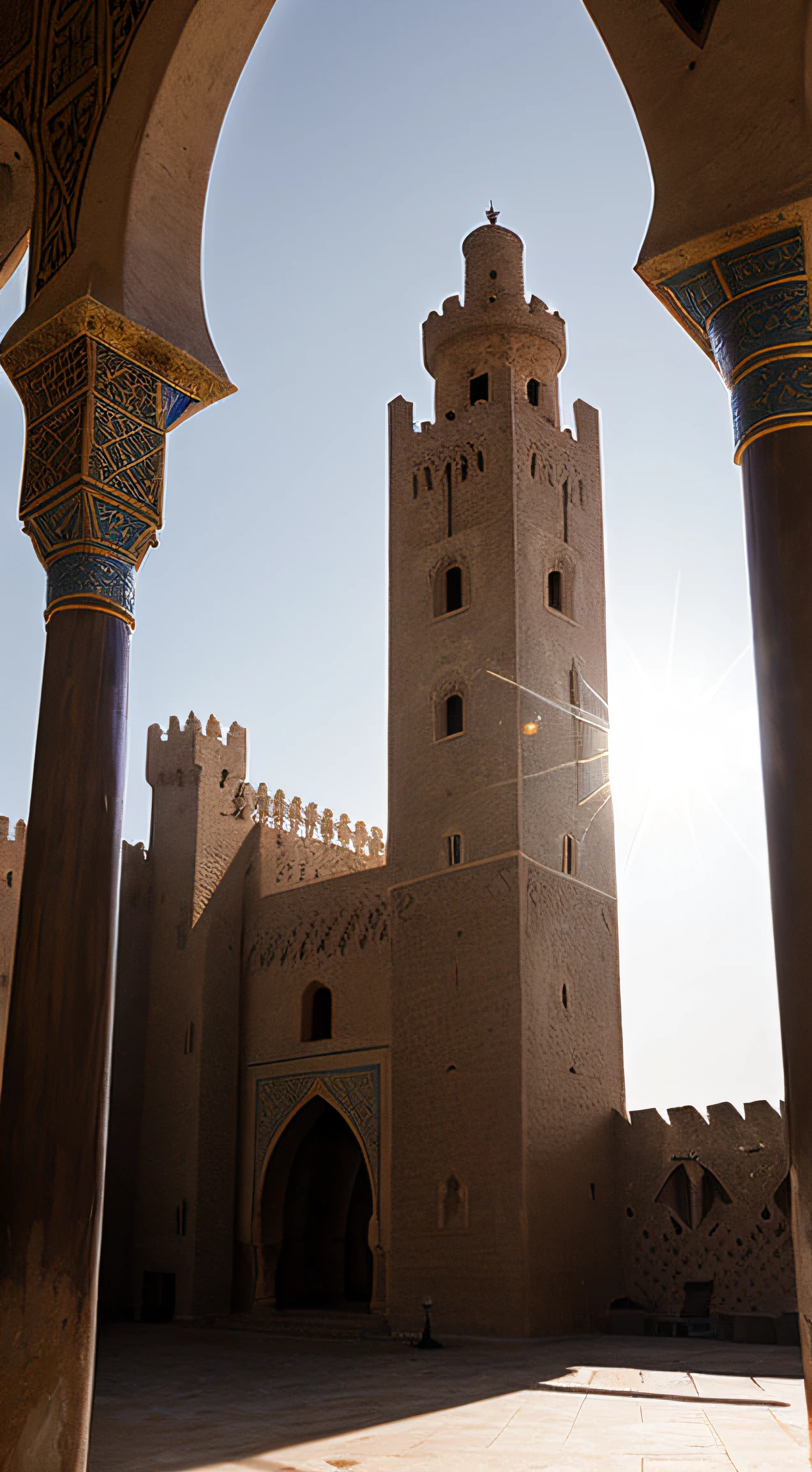 close up depiction of a medieval fantasy north african traditional tower, exterior, medieval fantasy north african architecture, elaborate, (backlighting), realistic, masterpiece, highest quality, lens flare, shade, bloom, [[chromatic aberration]], by Jeremy Lipking, by Antonio J. Manzanedo, digital painting