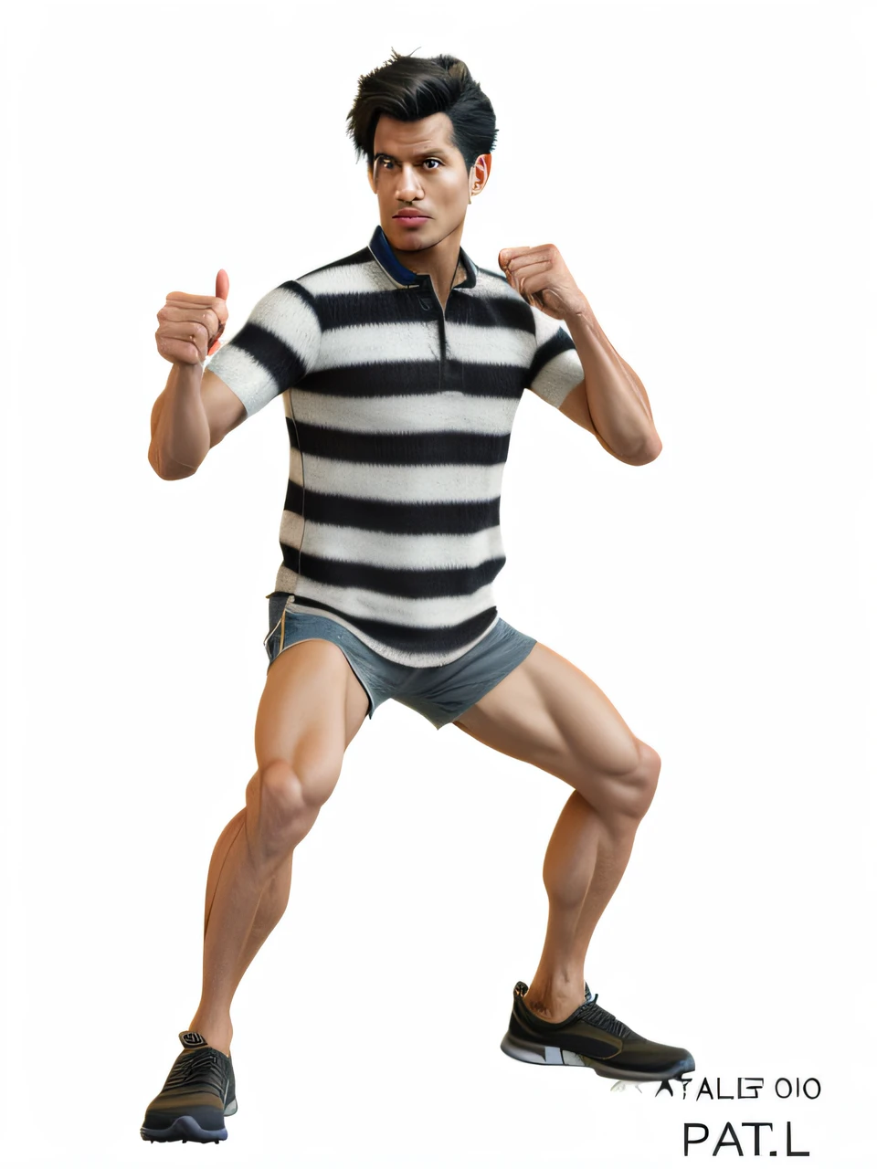 The Araffed man in a striped shirt and shorts is posing, confident action pose, t pose, t-poses, t - pose, in shorts and t-shirt, full body action pose, Beef Cake Pose, photorealistic full body, Male model, tan skin a tee shirt and shorts, as an action figure, model standing pose, character posing, standing athletic pose,Handsome face,The expression is serious