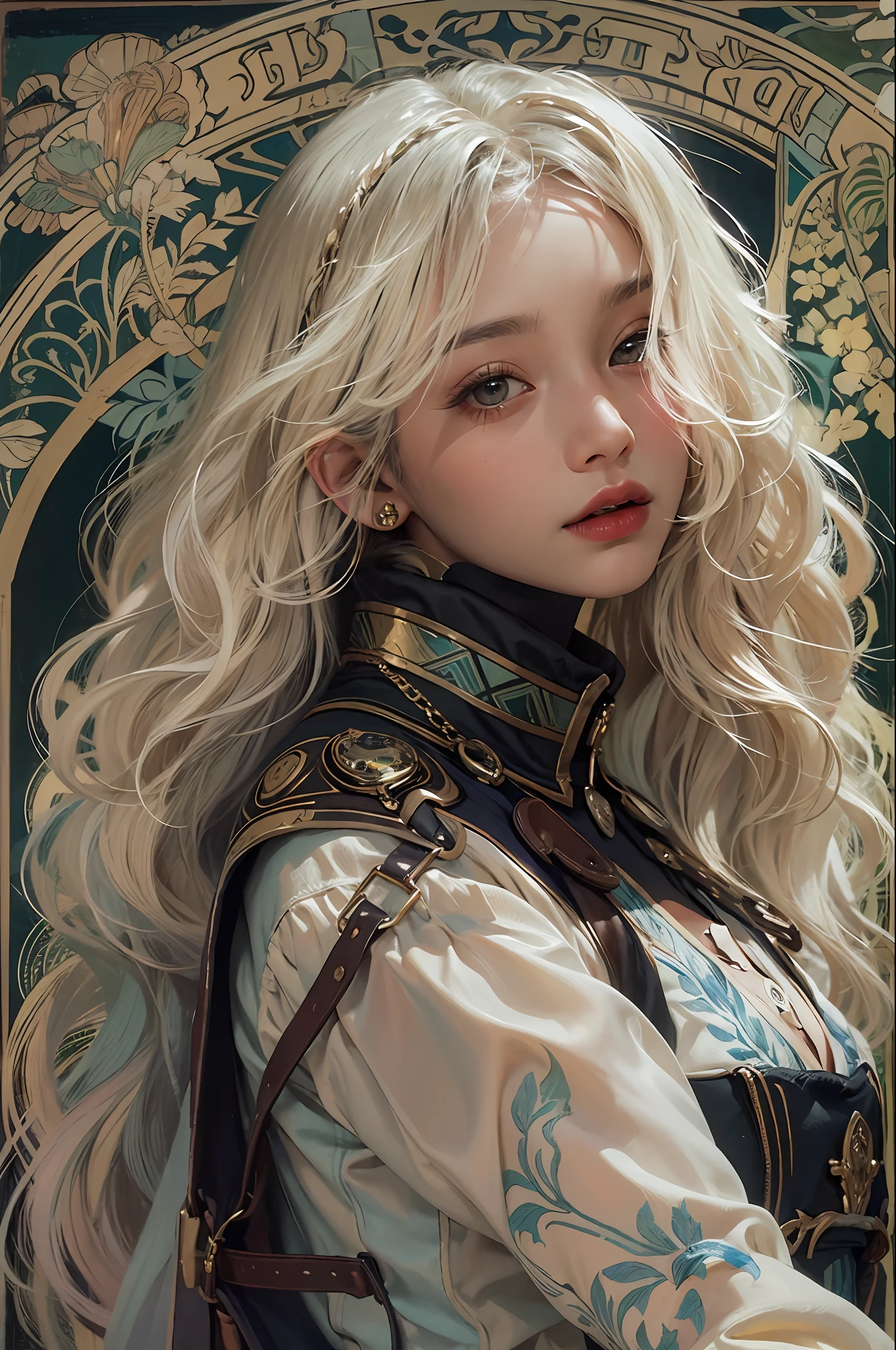 (Front focus),(in the darkness nigth:1.6),Surrealist portraits of women by David Hockney and Alphonse Mucha,Fantasyart,photographrealistic,动态照明,art stations,poster for,Volumetriclighting,Very detailed faces,4 k'',Award-Awarded, , 1girll, In the dark, deepshadow, low tune, Cowboy shot,(official clothes:1.4),long whitr hair,whaite hair,The back of the hand is behind the back,Playful,adolable