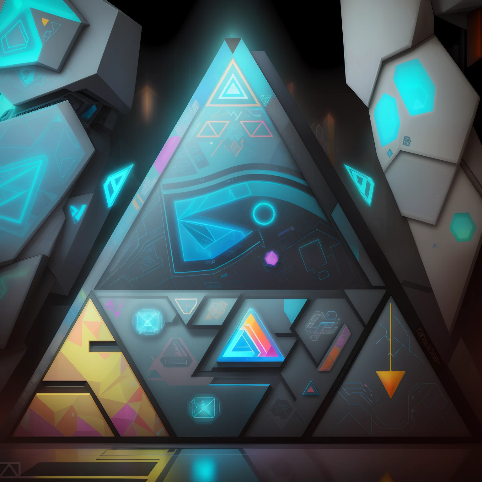 A psychedelic triangle in graffiti style, full of mystical symbols and geometric shapes, situado em um ambiente futurista de alta tecnologia, com hologramas, Cybernetic constructions and robots, creating an atmosphere of mystery and discovery, illustration, Arte Digital, --AR 16:16 --V 5.