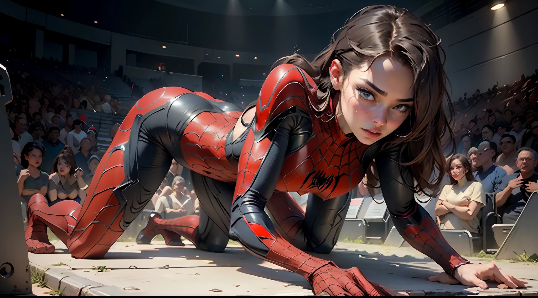 Beautiful woman with detailed defined body using Spider-Man role-playing, delicate facial features, perfect face, small breasts, crouched on the ground with her back to the audience