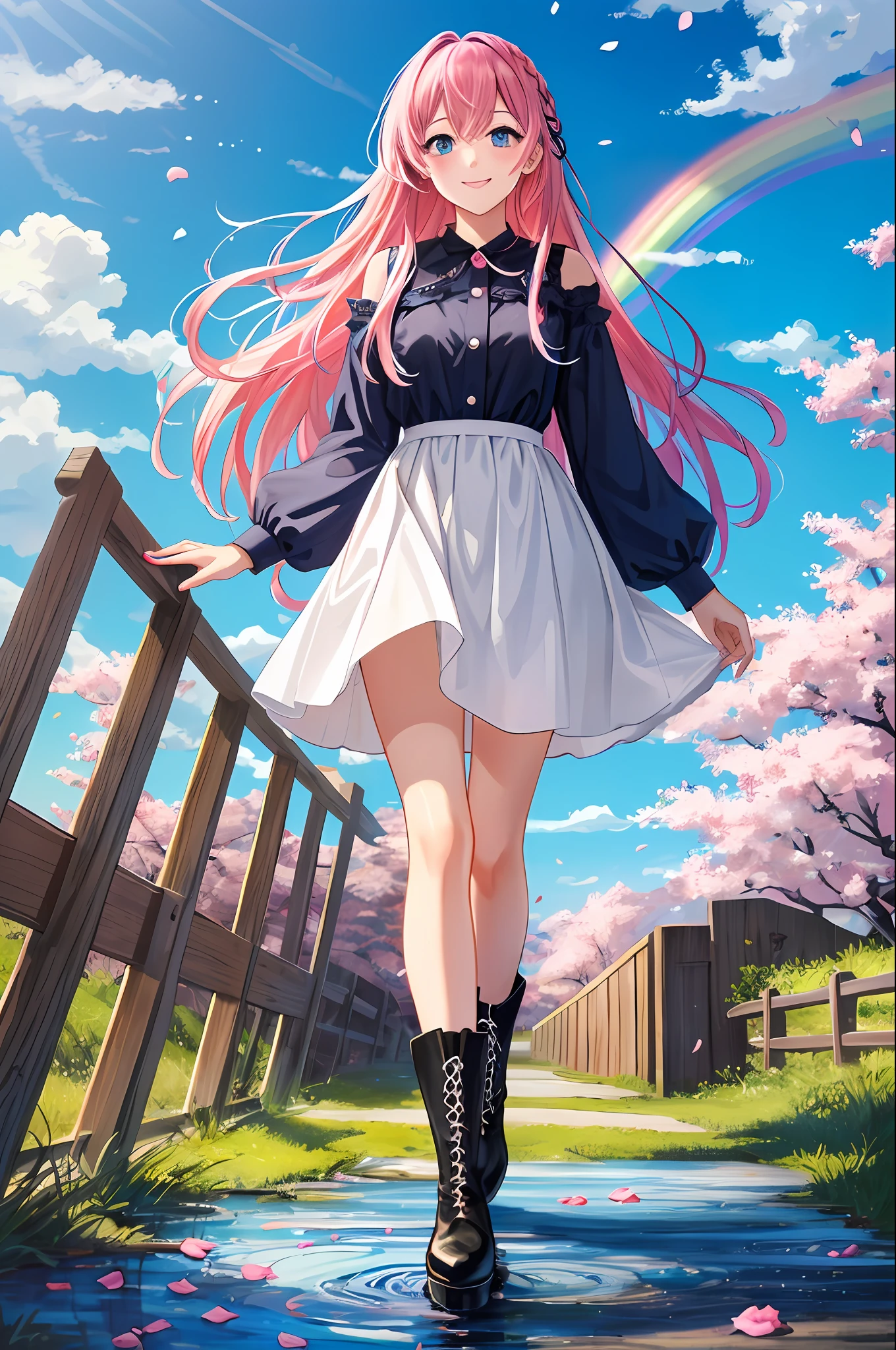 art noveau style,(masterpiece, best quality, ultra-detailed, high-res),perfect face,solo,1girl,(full body),(rainbow color Hair,colorful hair,half blue and half pink hair:1.4),a girl in a dress and boots is walking across a rainbow - colored field with a rainbow - colored sky behind her, Chizuko Yoshida, official art, a detailed painting, color field,petals, petals_on_liquid, falling_petals, rose_petals,cherry_blossoms, cloud, water, sky, solo, smile, blue_hair, ripples, blue_eyes, looking_at_viewer, twilight, flower, black_footwear, leaves_in_wind, sunset, boots, wind, ocean, outdoors, long_hair