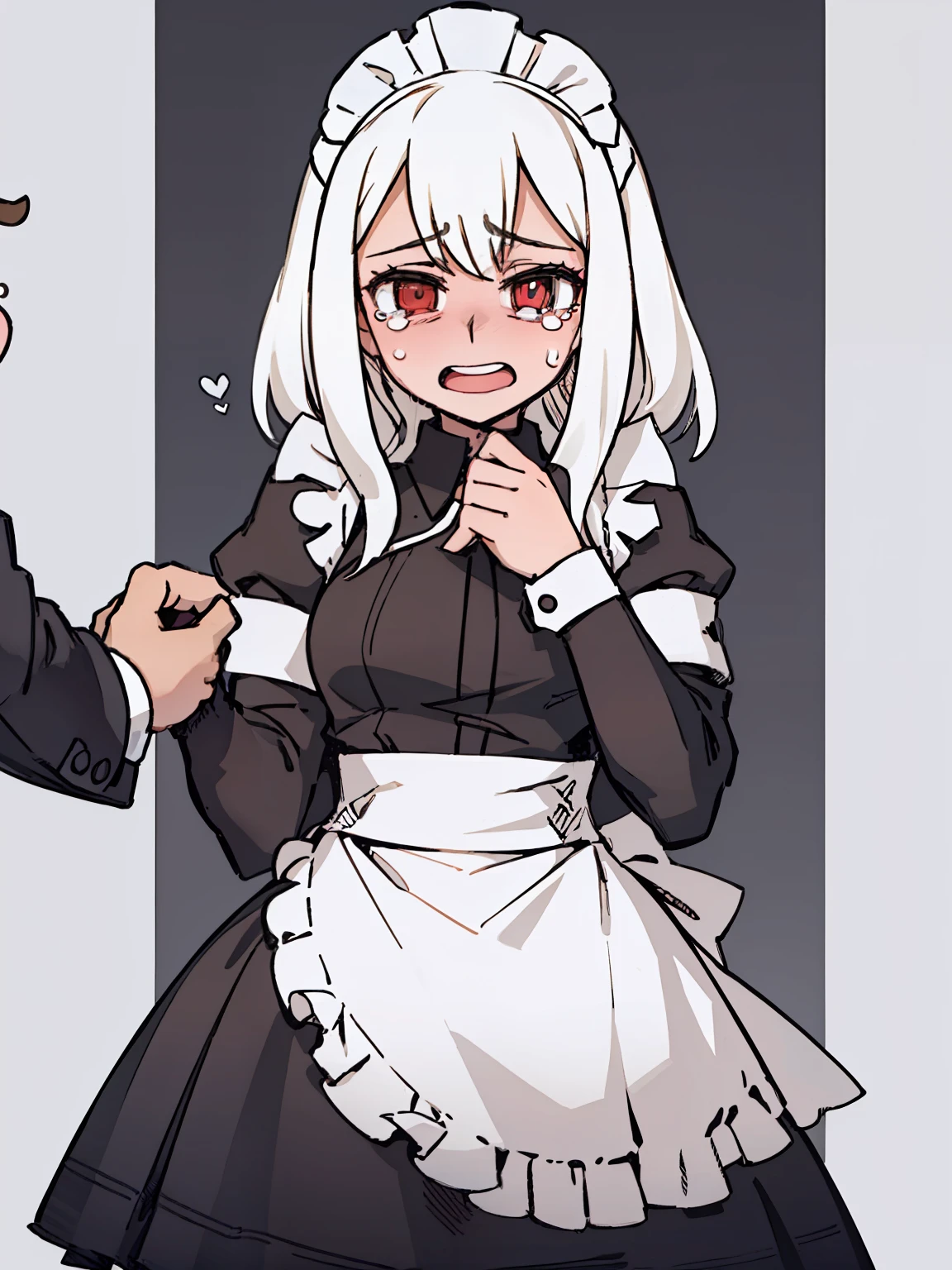 A girl frontal,((full bodyesbian,Long curly white hair,the maid outfit,streaming tears)),Beth,Put your hands in front,Young, White background